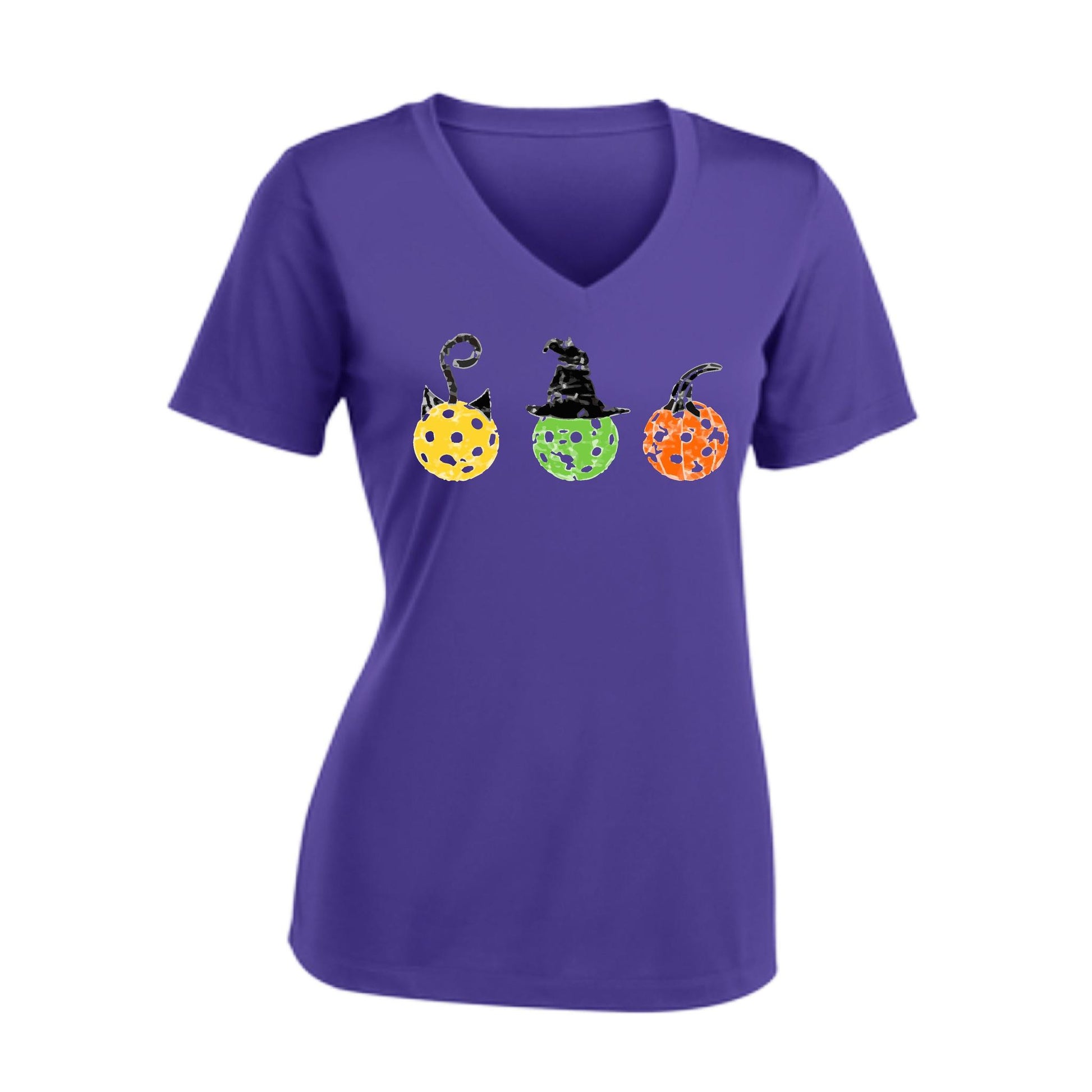 Cat Witch Pumpkin | Women's Short Sleeve V-Neck Pickleball Performance T-Shirts | 100% Polyester