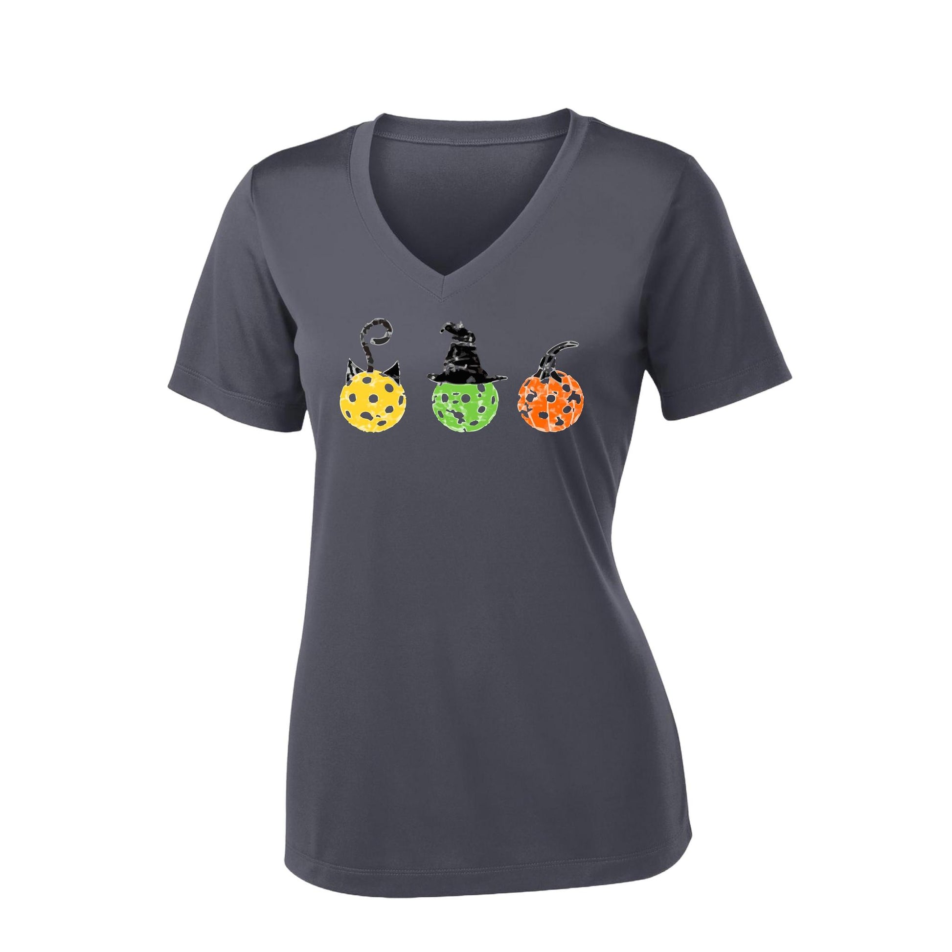 Cat Witch Pumpkin | Women's Short Sleeve V-Neck Pickleball Performance T-Shirts | 100% Polyester