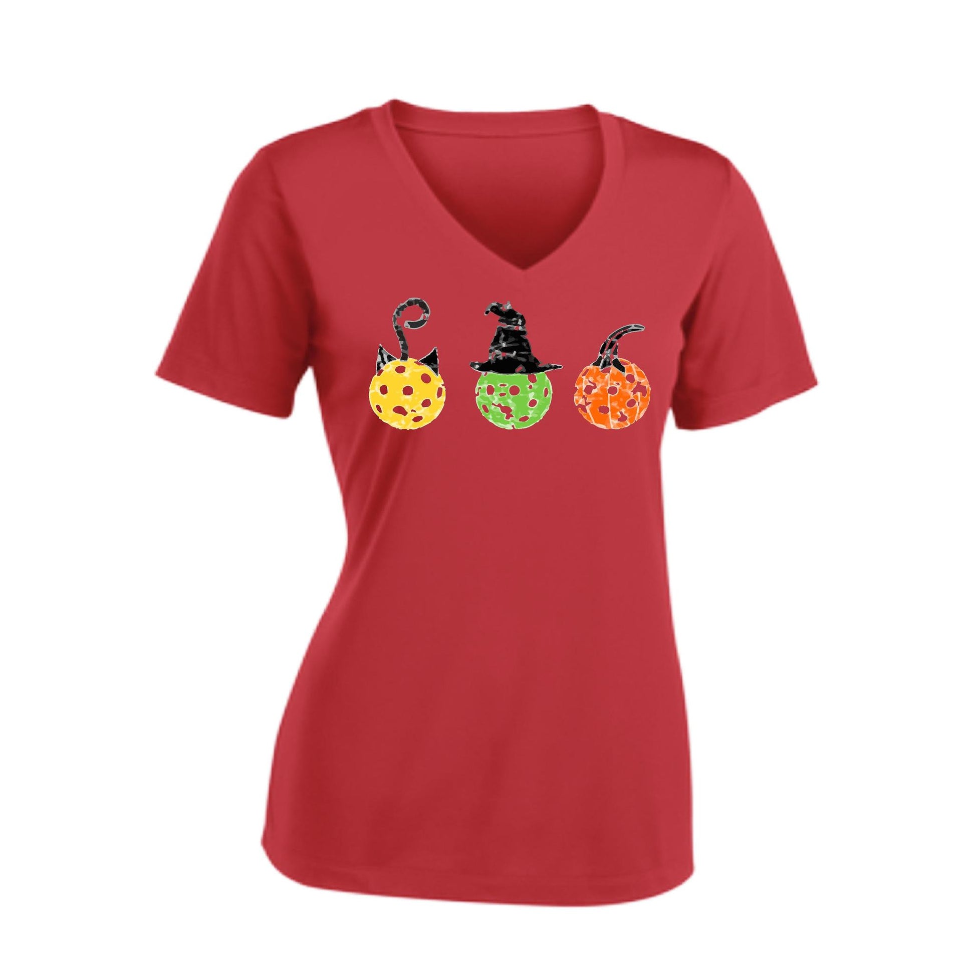 Cat Witch Pumpkin | Women's Short Sleeve V-Neck Pickleball Performance T-Shirts | 100% Polyester