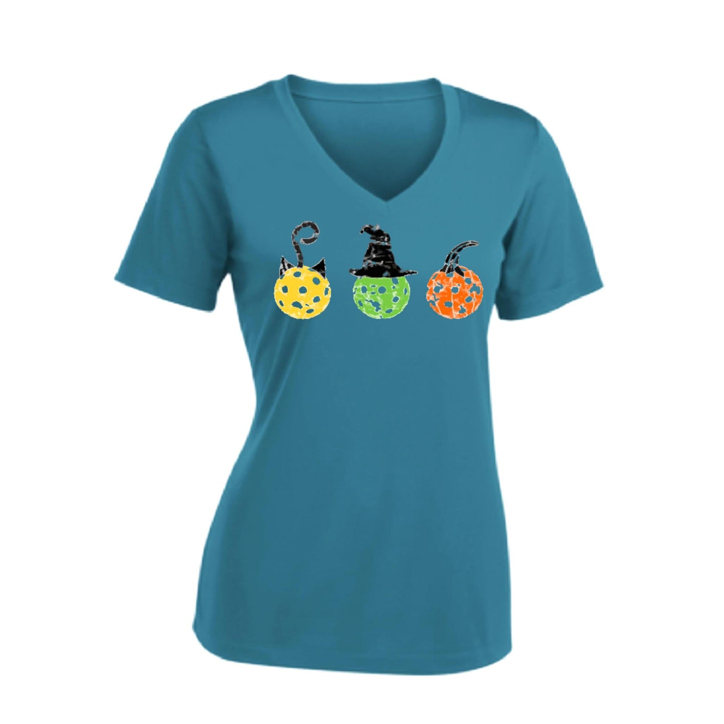Cat Witch Pumpkin | Women's Short Sleeve V-Neck Pickleball Performance T-Shirts | 100% Polyester