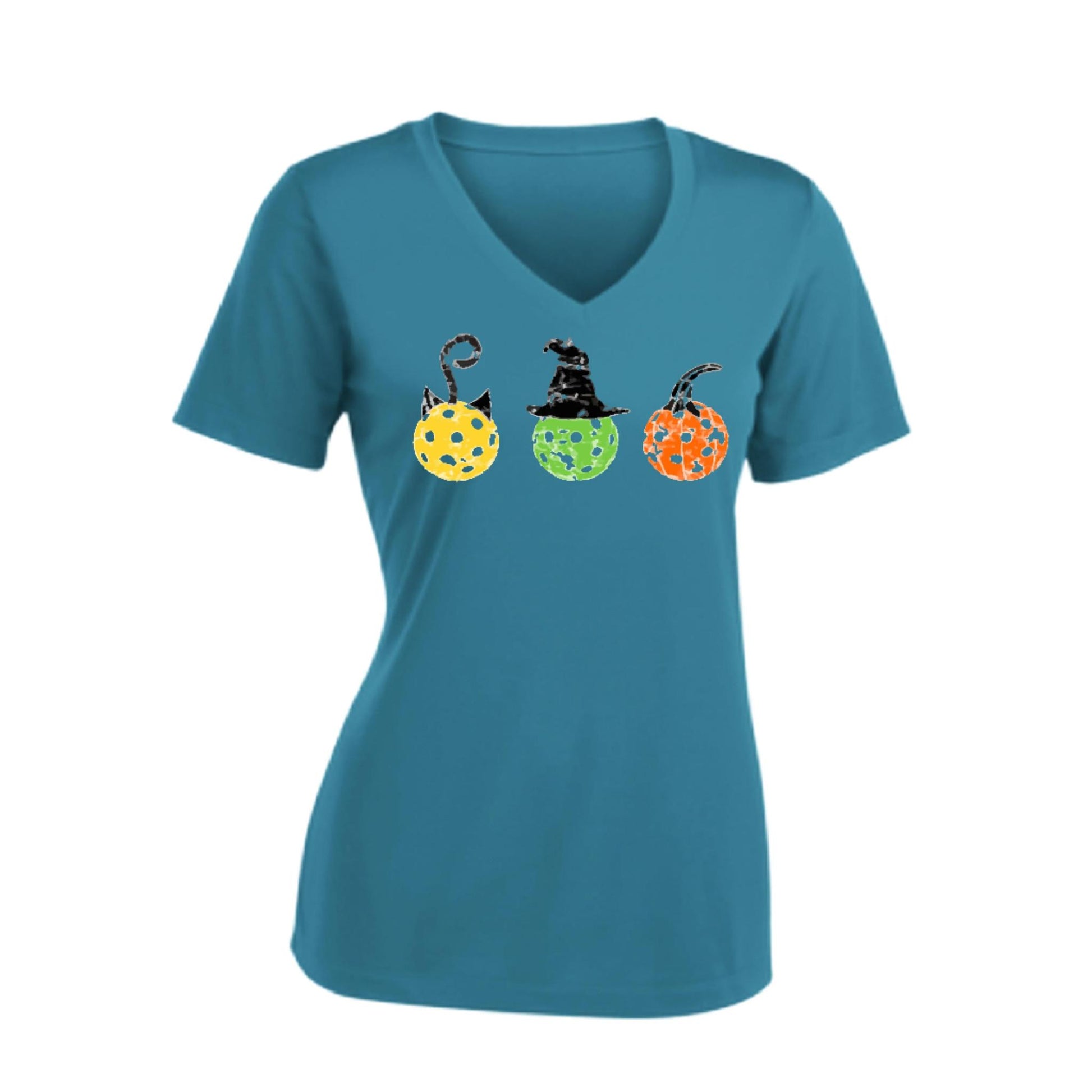 Cat Witch Pumpkin | Women's Short Sleeve V-Neck Pickleball Performance T-Shirts | 100% Polyester