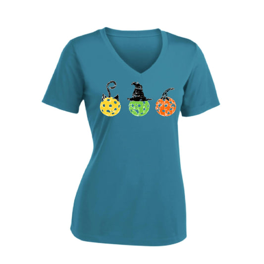 Cat Witch Pumpkin | Women's Short Sleeve V-Neck Pickleball Performance T-Shirts | 100% Polyester