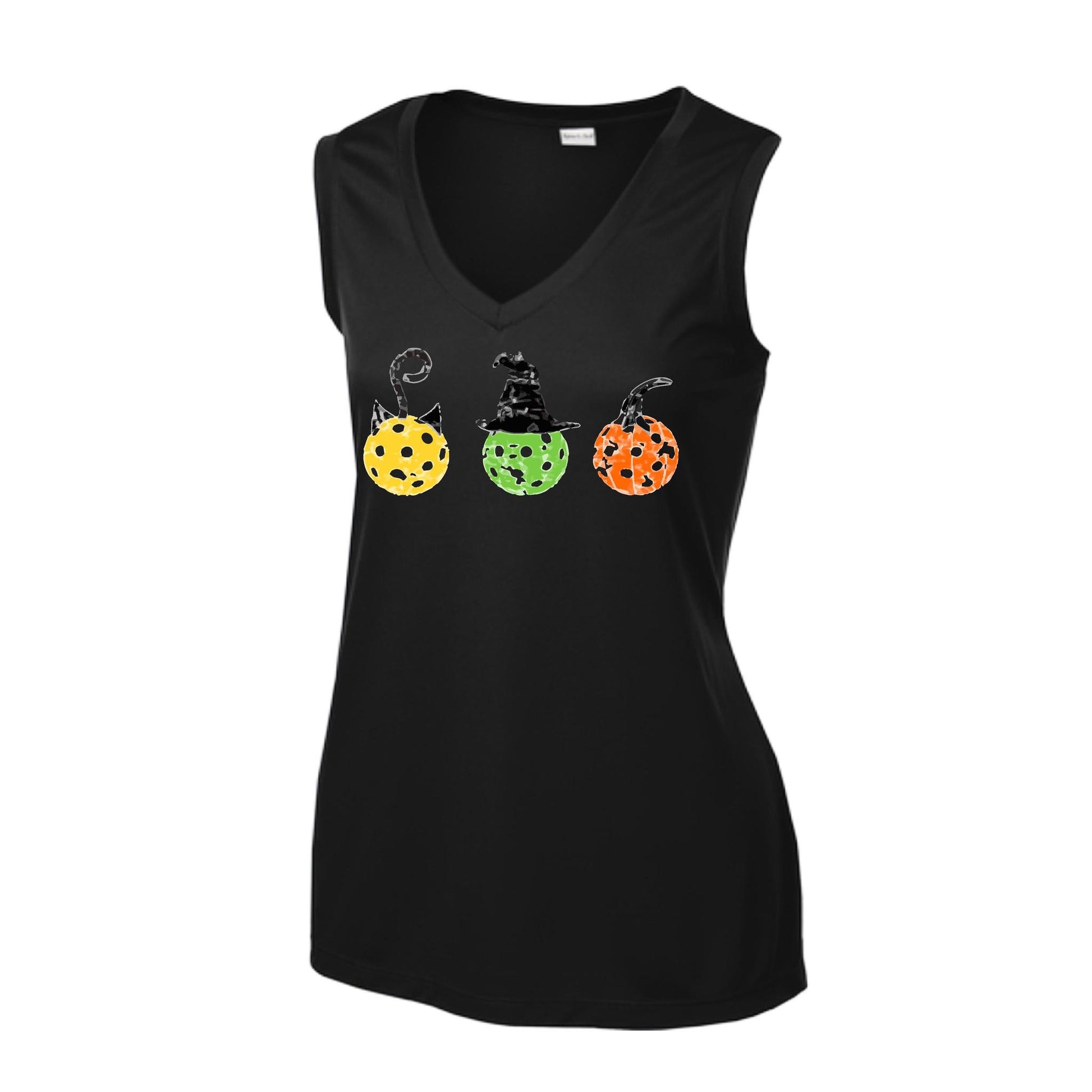 Cat Witch Pumpkin | Women’s Sleeveless Pickleball Performance T-Shirt | 100% Polyester