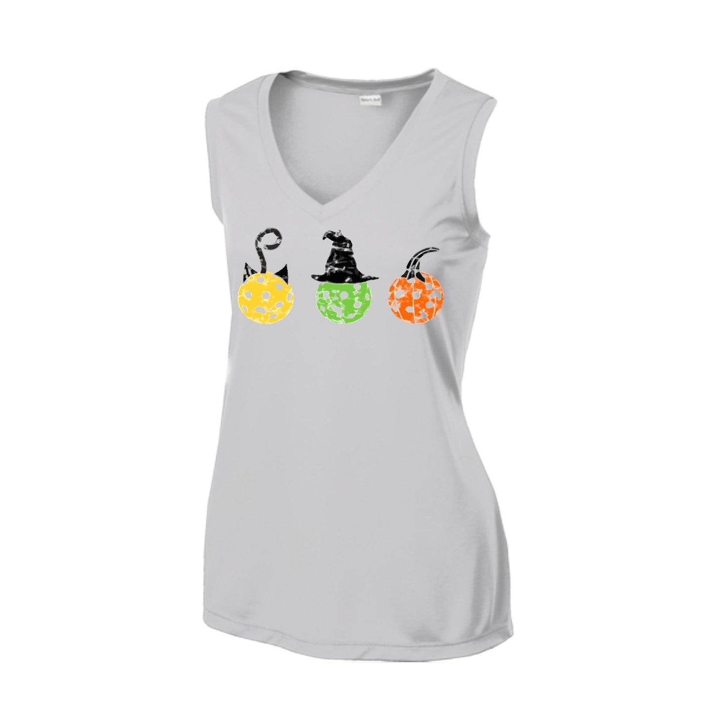 Cat Witch Pumpkin | Women’s Sleeveless Pickleball Performance T-Shirt | 100% Polyester