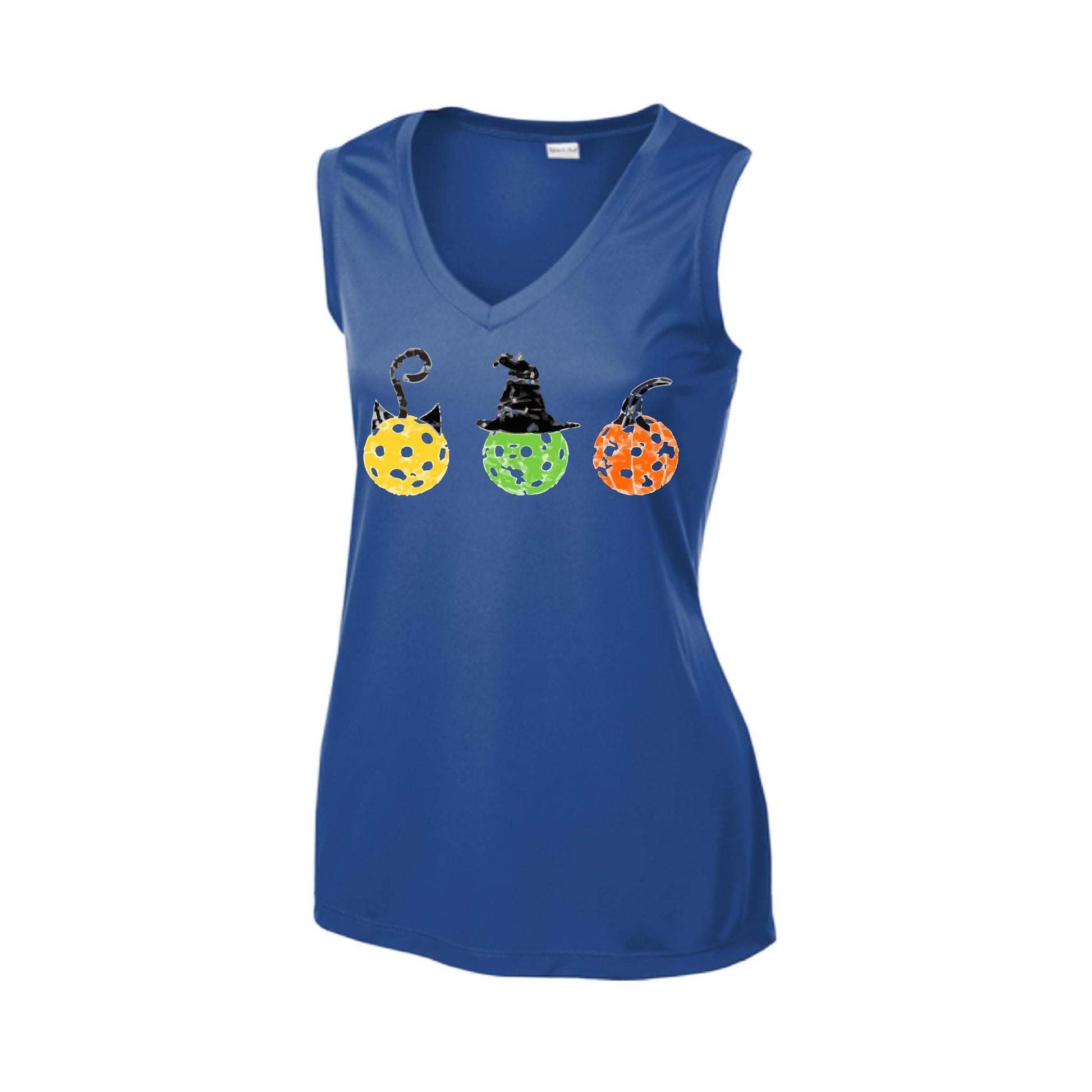 Cat Witch Pumpkin | Women’s Sleeveless Pickleball Performance T-Shirt | 100% Polyester
