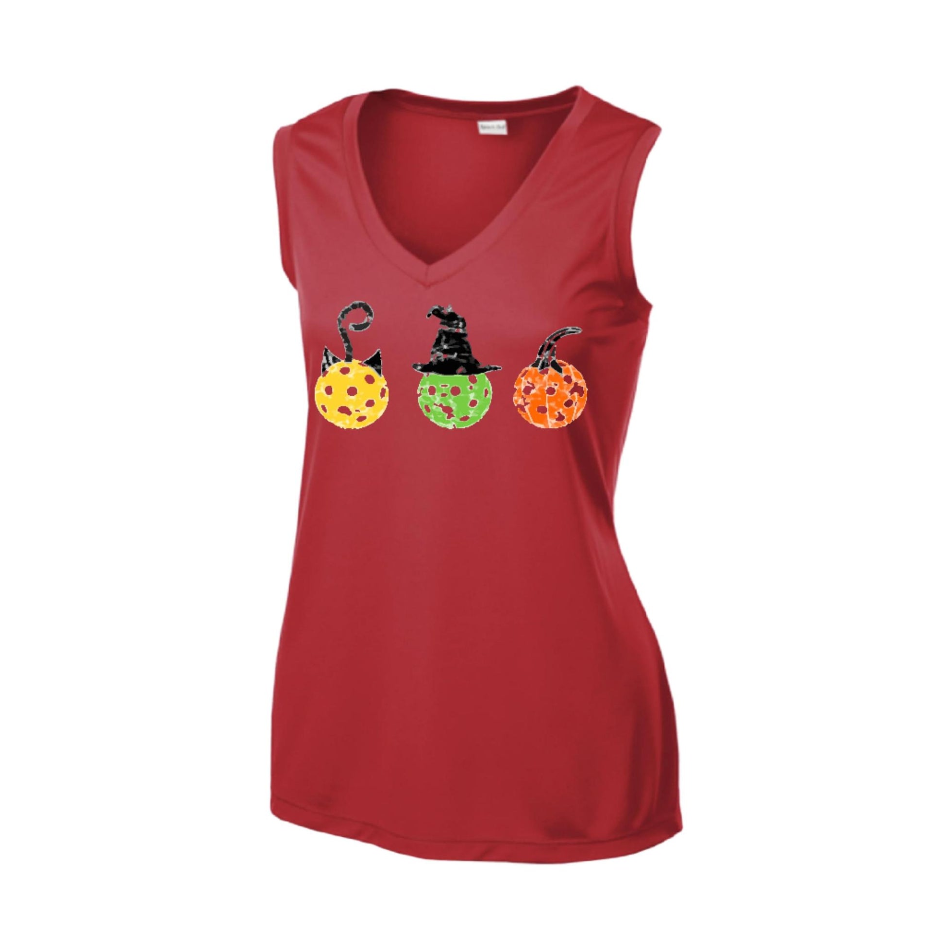 Cat Witch Pumpkin | Women’s Sleeveless Pickleball Performance T-Shirt | 100% Polyester