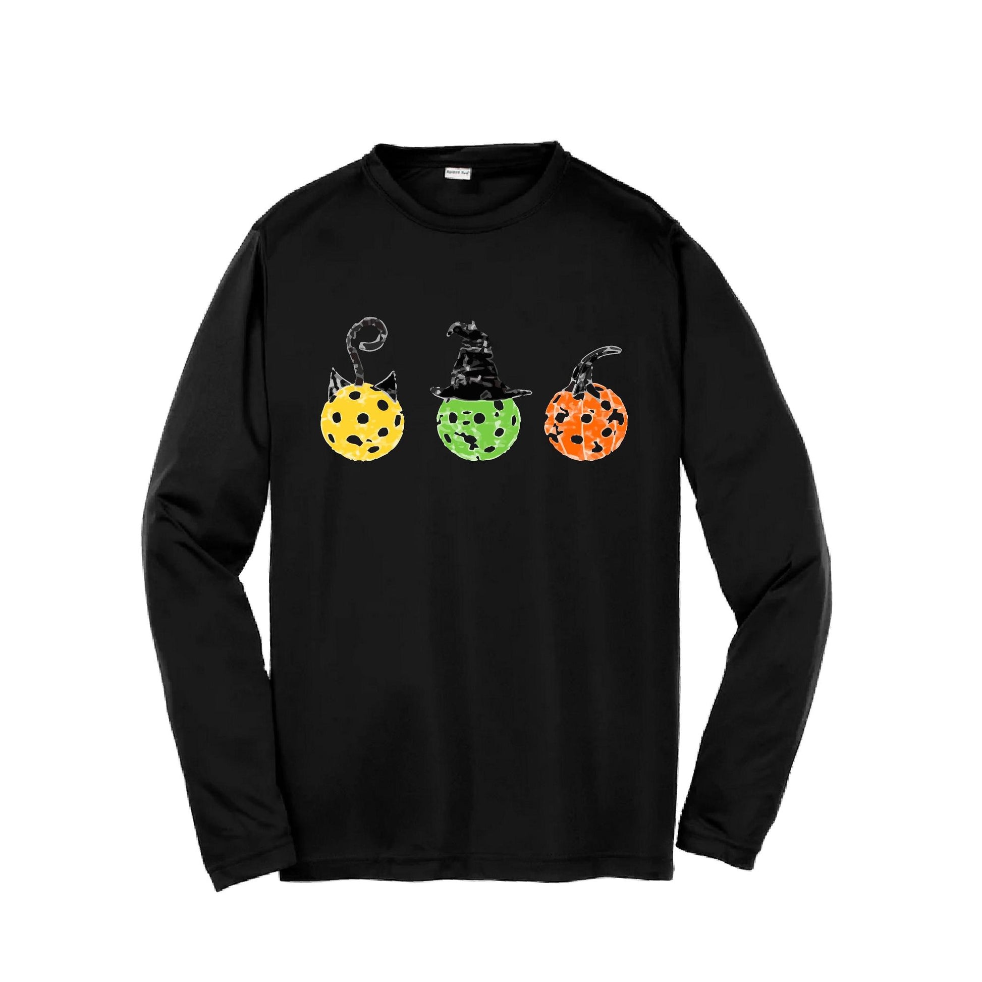 Cat Witch Pumpkin | Youth Long Sleeve Pickleball Performance T-Shirts | 100% Polyester