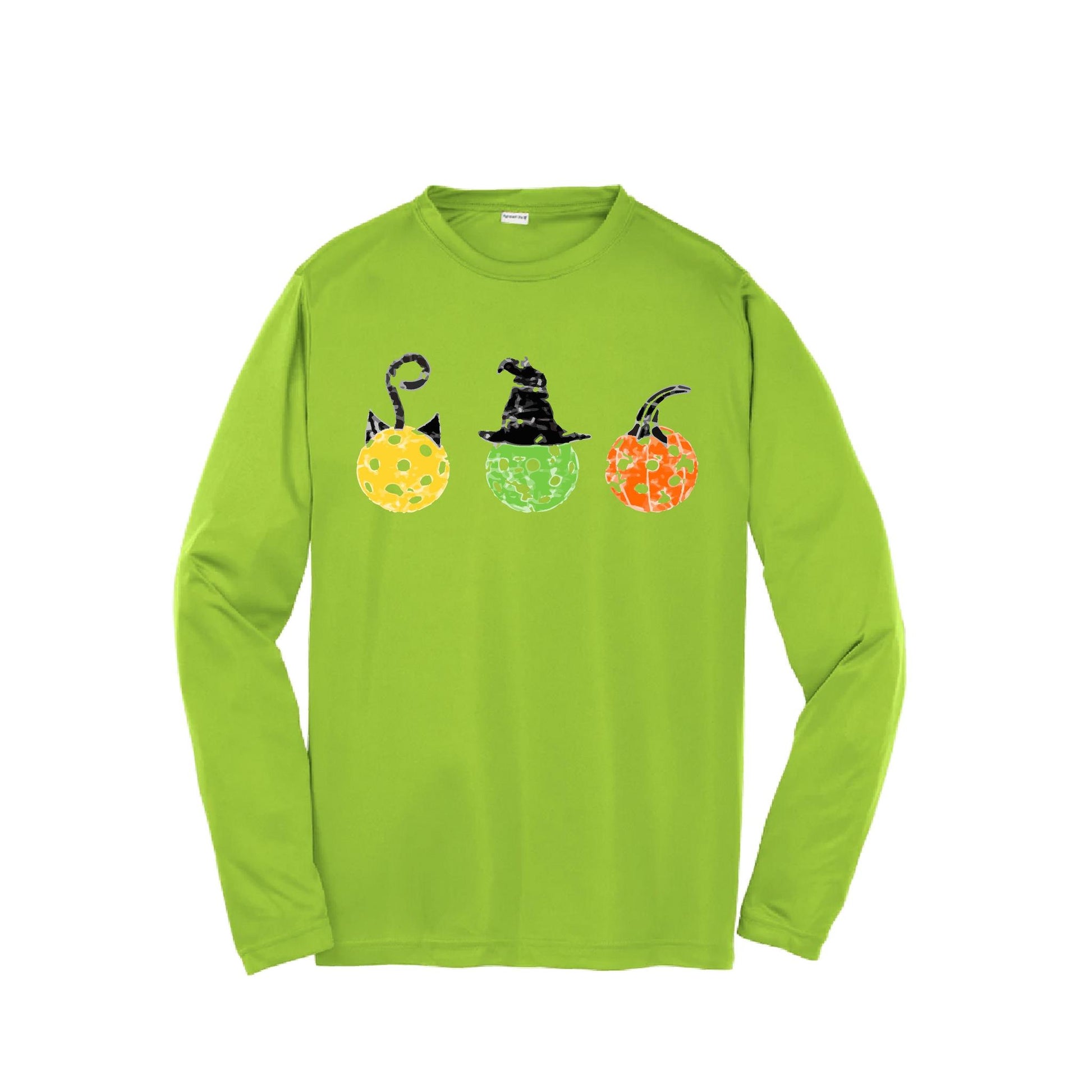 Cat Witch Pumpkin | Youth Long Sleeve Pickleball Performance T-Shirts | 100% Polyester