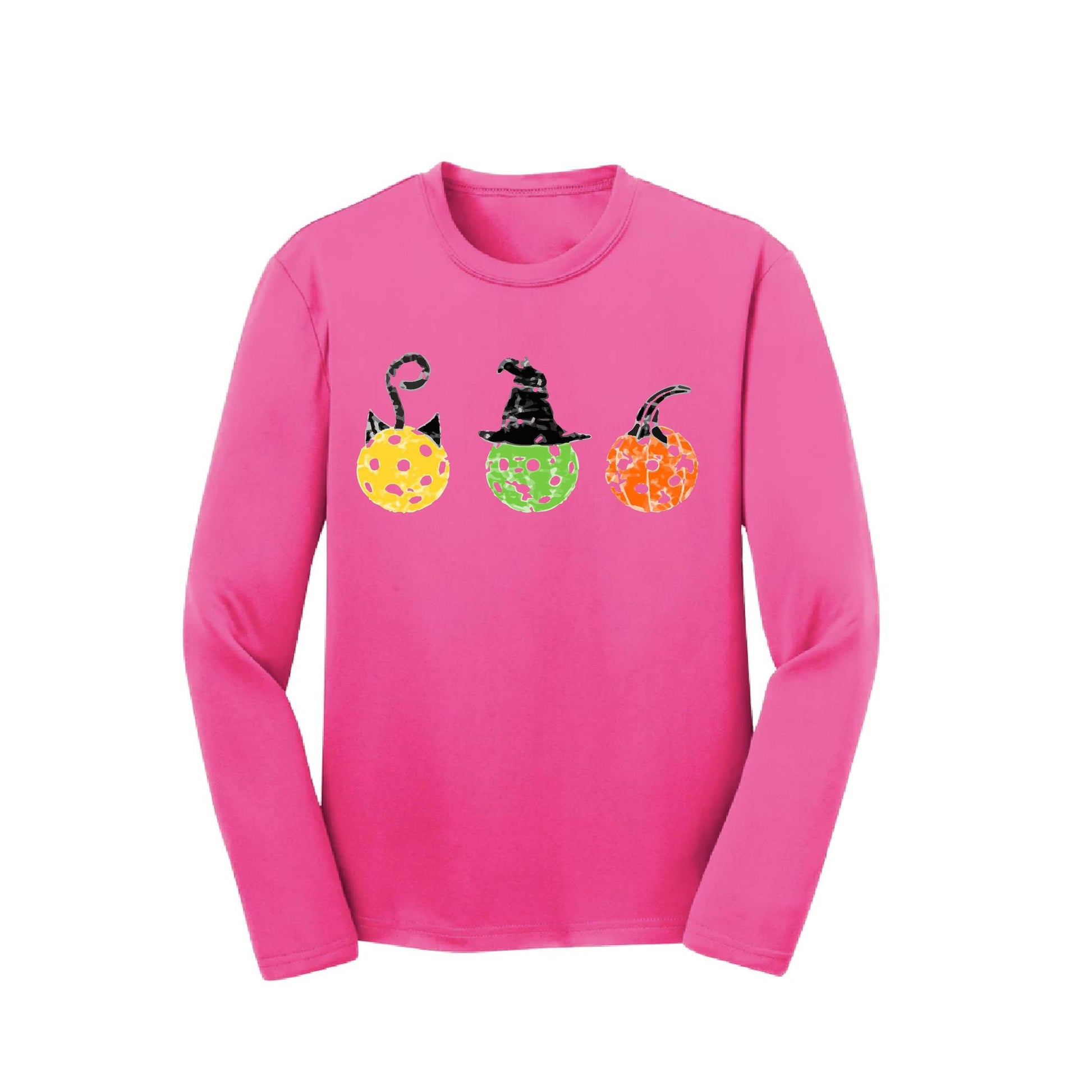 Cat Witch Pumpkin | Youth Long Sleeve Pickleball Performance T-Shirts | 100% Polyester