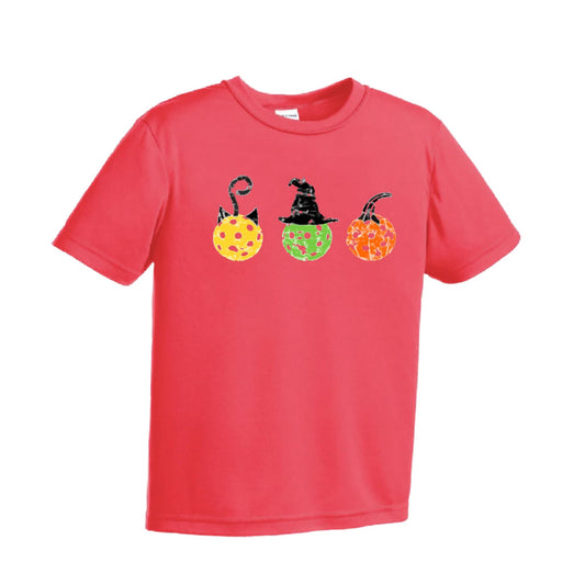 Cat Witch Pumpkin | Youth Short Sleeve Pickleball Performance T-Shirts | 100% Polyester