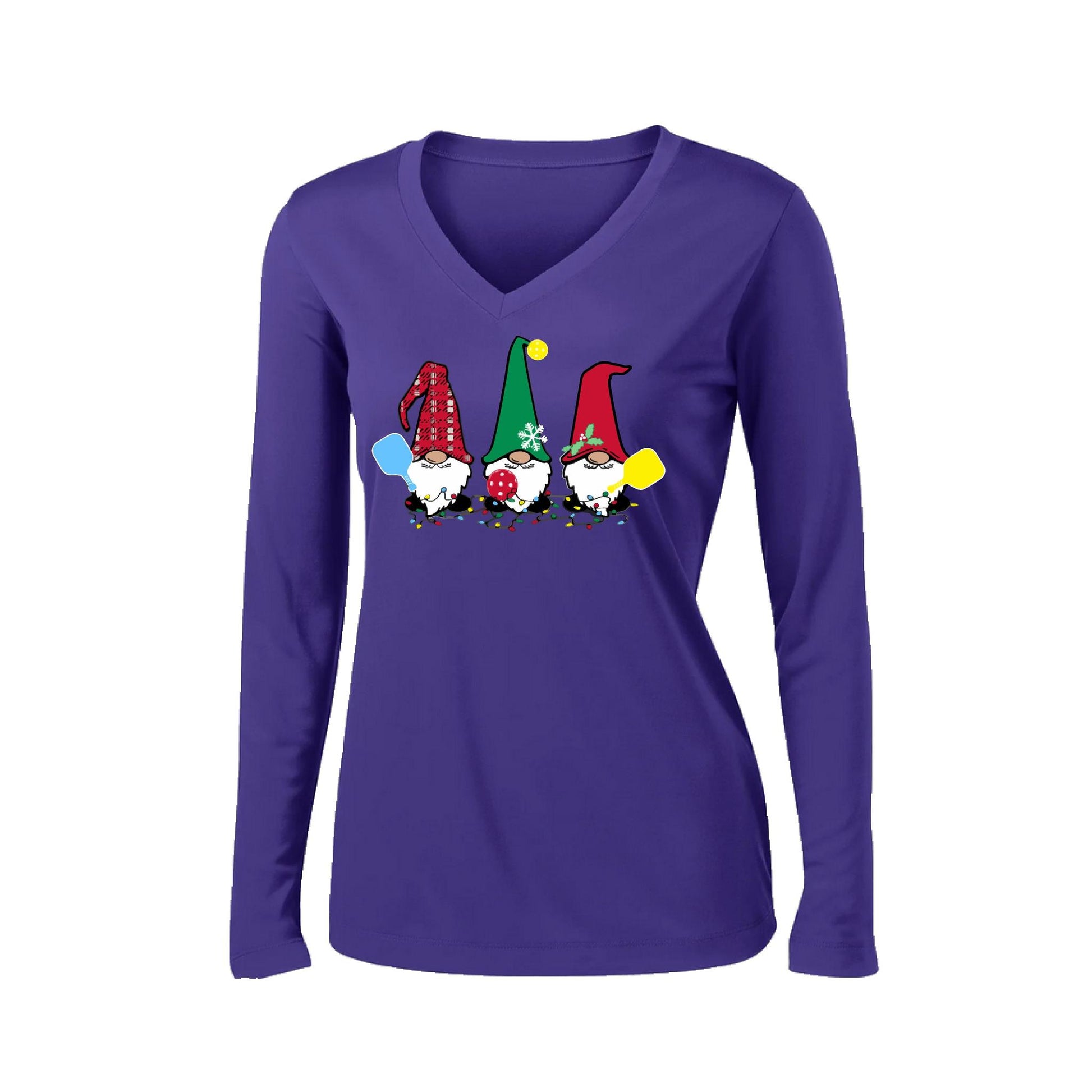 Christmas Gnomes | Women’s Long Sleeve V-Neck Performance T-Shirt | 100% Polyester