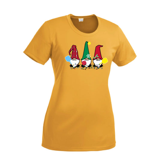 Christmas Gnomes | Women’s Short Sleeve Crewneck Pickleball Performance T-Shirts | 100% Polyester