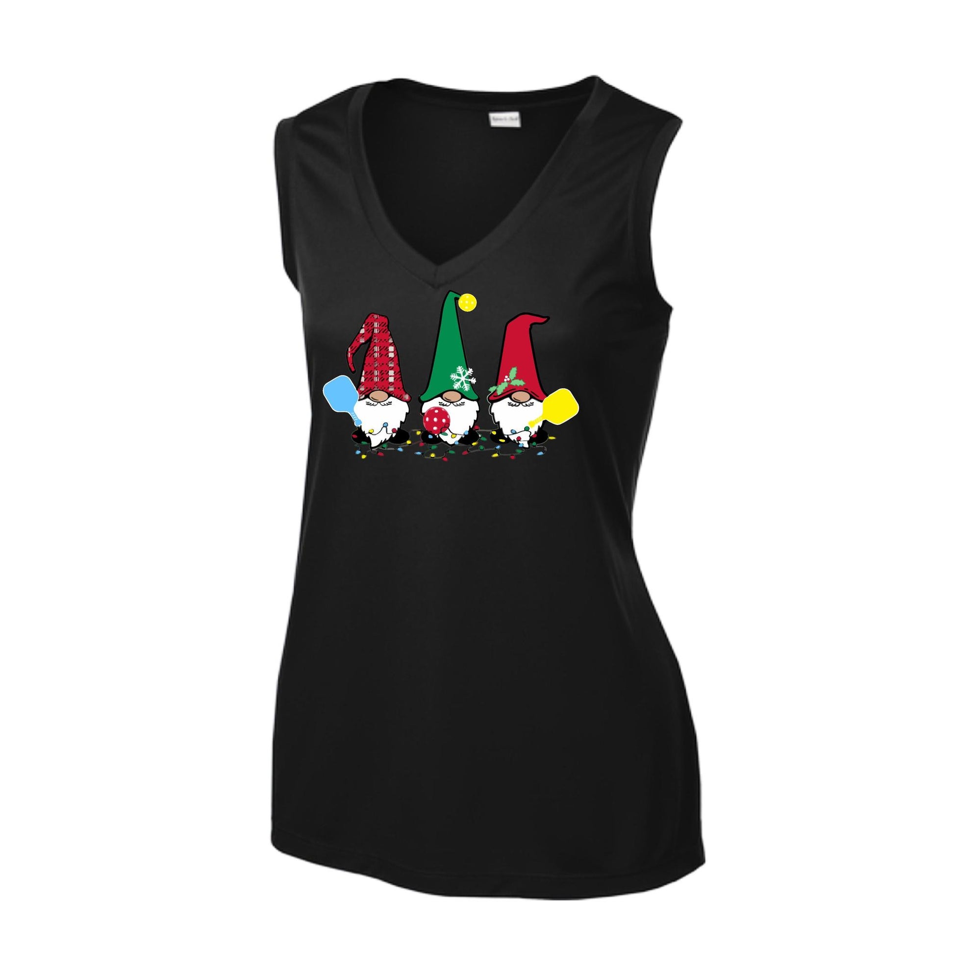 Christmas Gnomes | Women’s Sleeveless Pickleball Performance T-Shirt | 100% Polyester