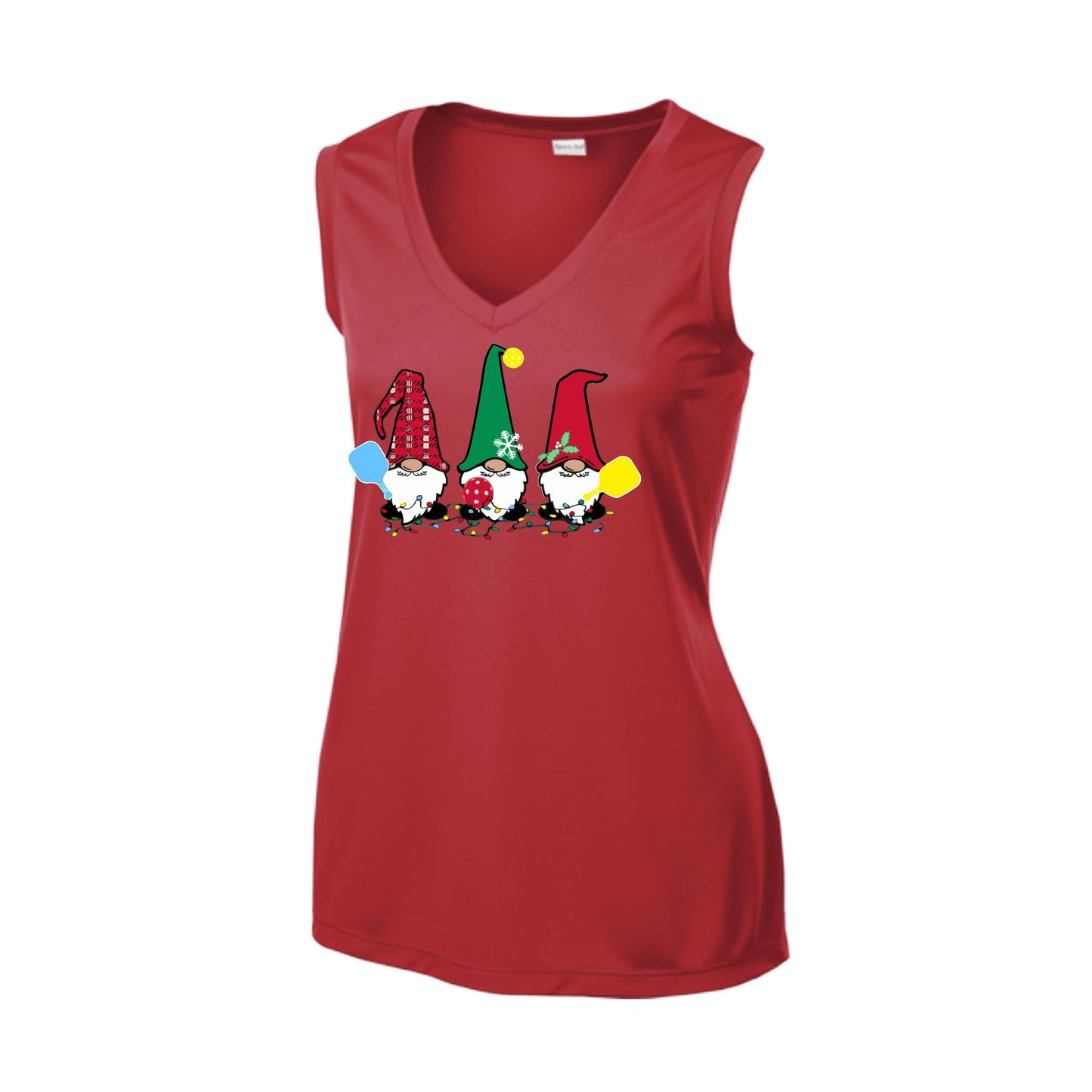 Christmas Gnomes | Women’s Sleeveless Pickleball Performance T-Shirt | 100% Polyester