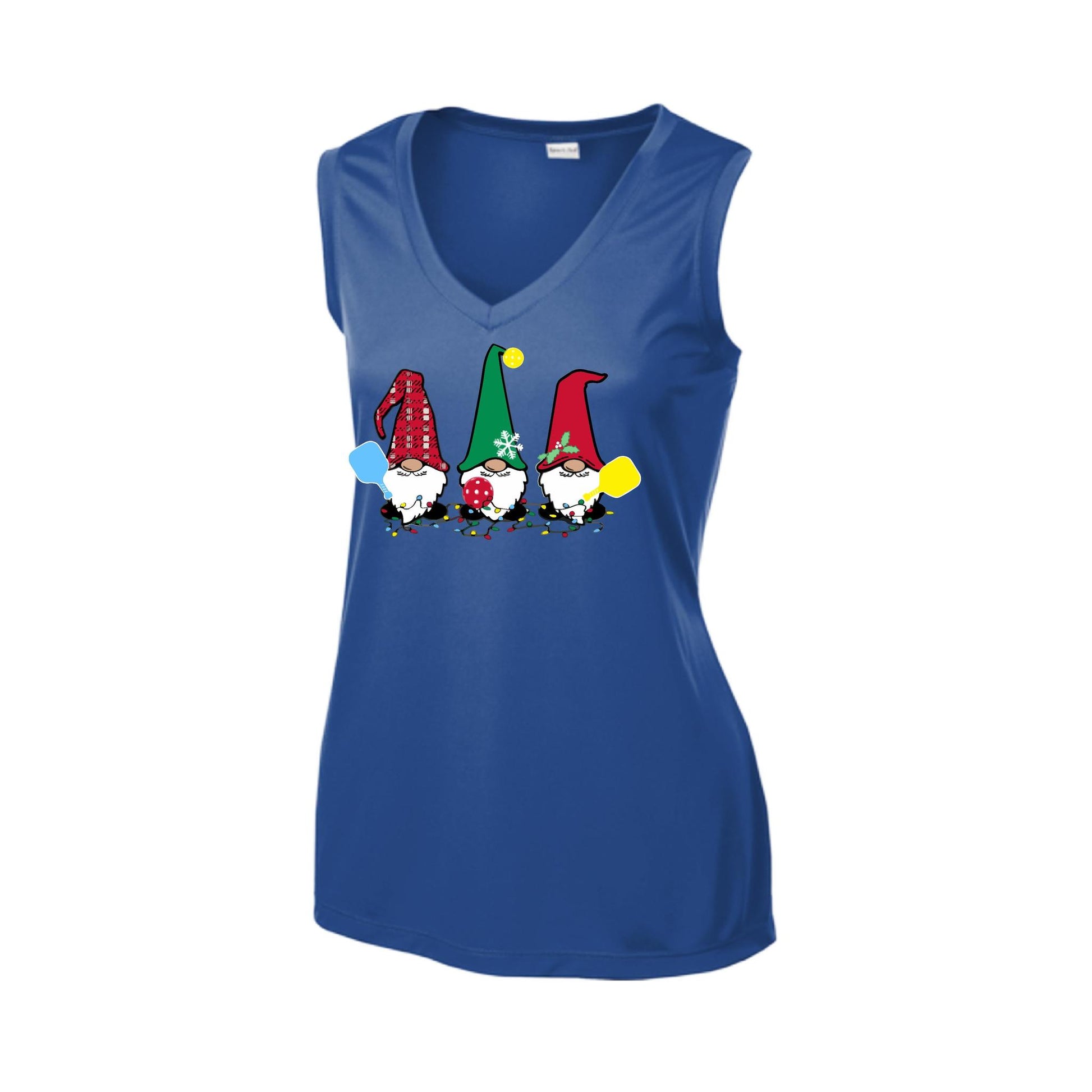Christmas Gnomes | Women’s Sleeveless Pickleball Performance T-Shirt | 100% Polyester