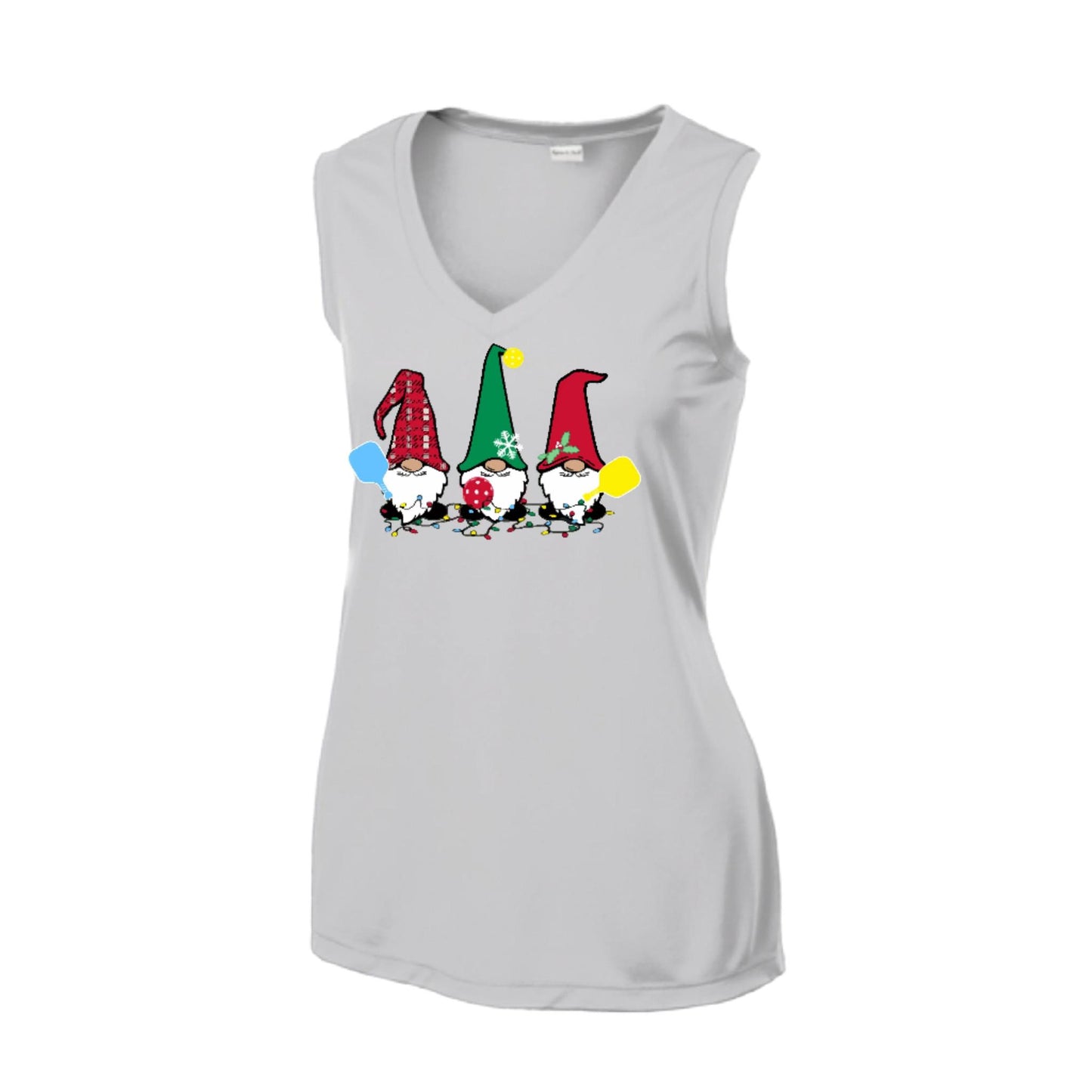 Christmas Gnomes | Women’s Sleeveless Pickleball Performance T-Shirt | 100% Polyester