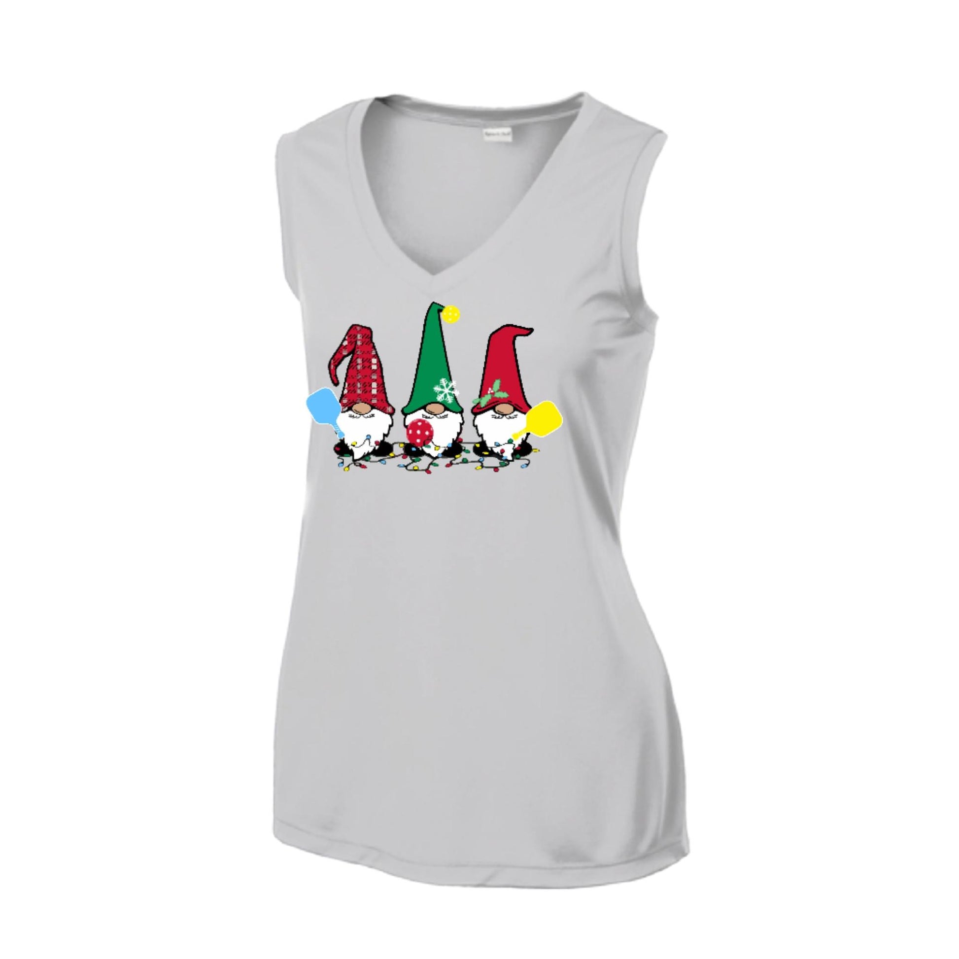 Christmas Gnomes | Women’s Sleeveless Pickleball Performance T-Shirt | 100% Polyester
