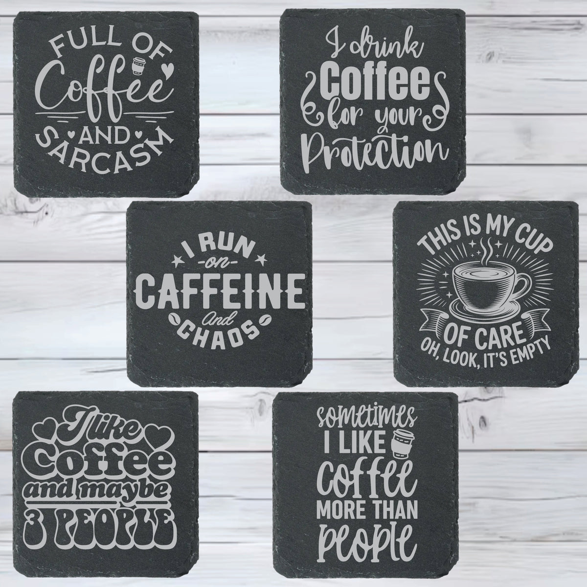Coffee Lovers Slate Stone Coasters | Set of Six Round or Square & Metal Holder | Funny Coffee Sayings