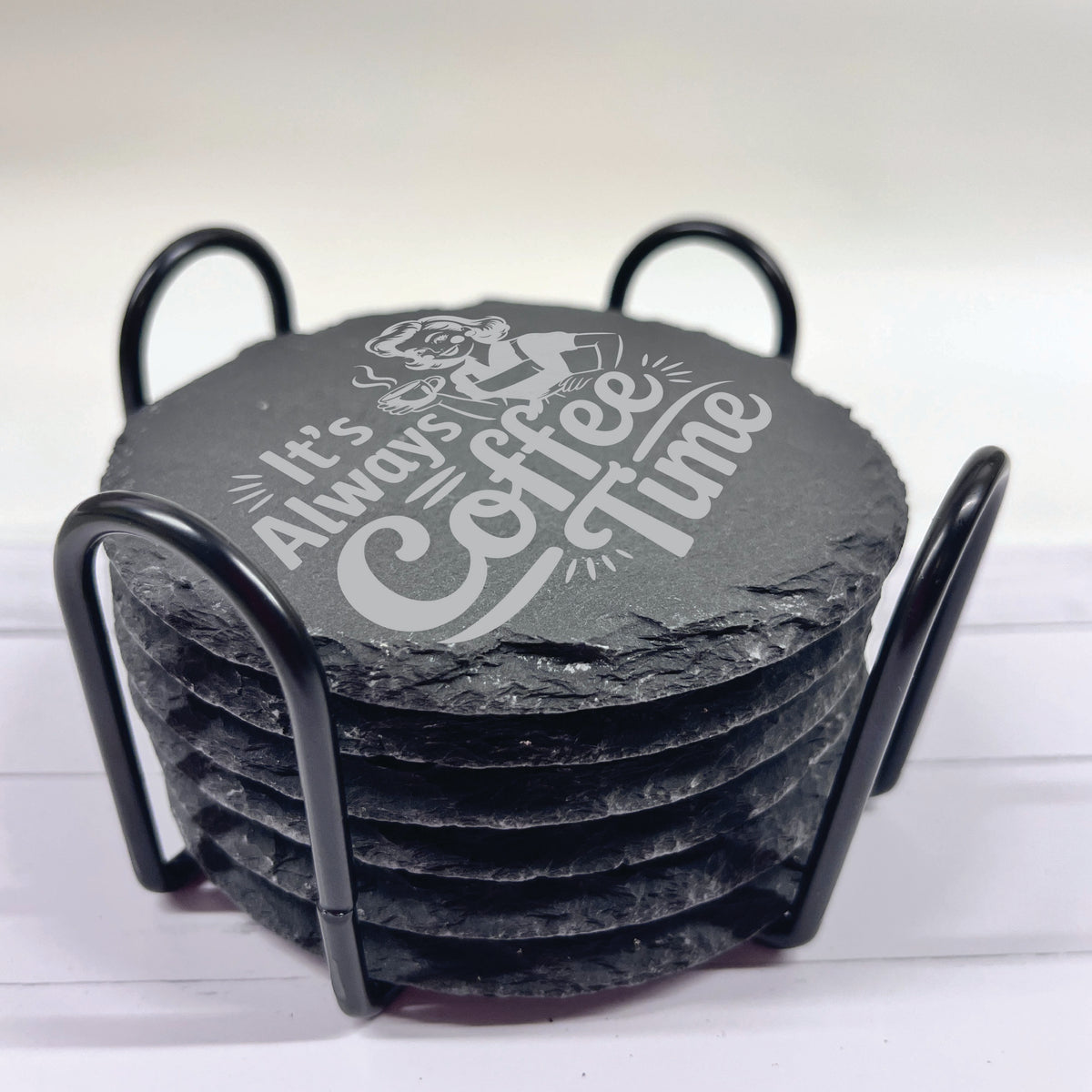 Coffee Lovers Slate Stone Coasters | Set of Six Round or Square & Metal Holder | Funny Coffee Sayings