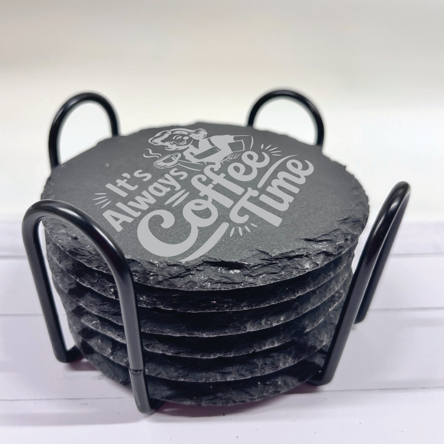 Coffee Lovers Slate Stone Coasters | Set of Six Round or Square & Metal Holder | Funny Coffee Sayings