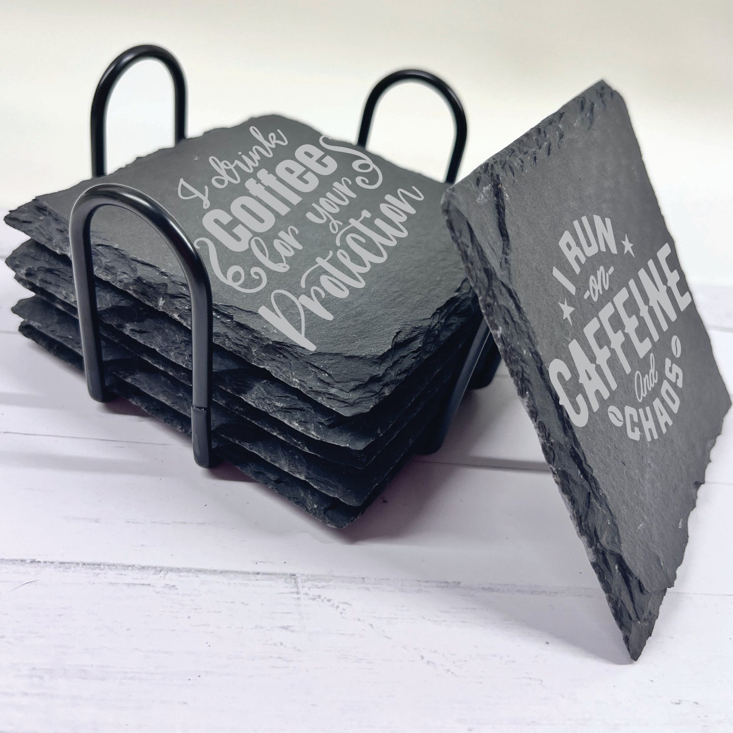 Coffee Lovers Slate Stone Coasters | Set of Six Round or Square & Metal Holder | Funny Coffee Sayings