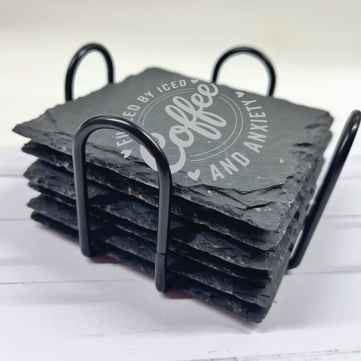 Coffee Lovers Slate Stone Coasters | Set of Six Round or Square & Metal Holder | Funny Coffee Sayings