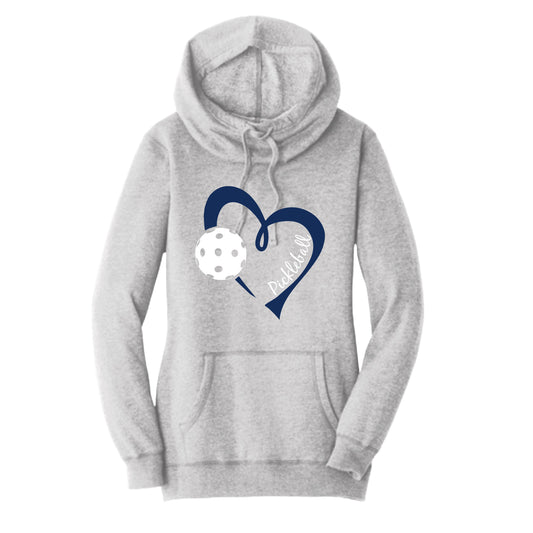 Pickleball Love (Navy) | Women’s Cowl-Neck Hoodie Pickleball Sweatshirt | 55% Cotton 45% Poly Fleece