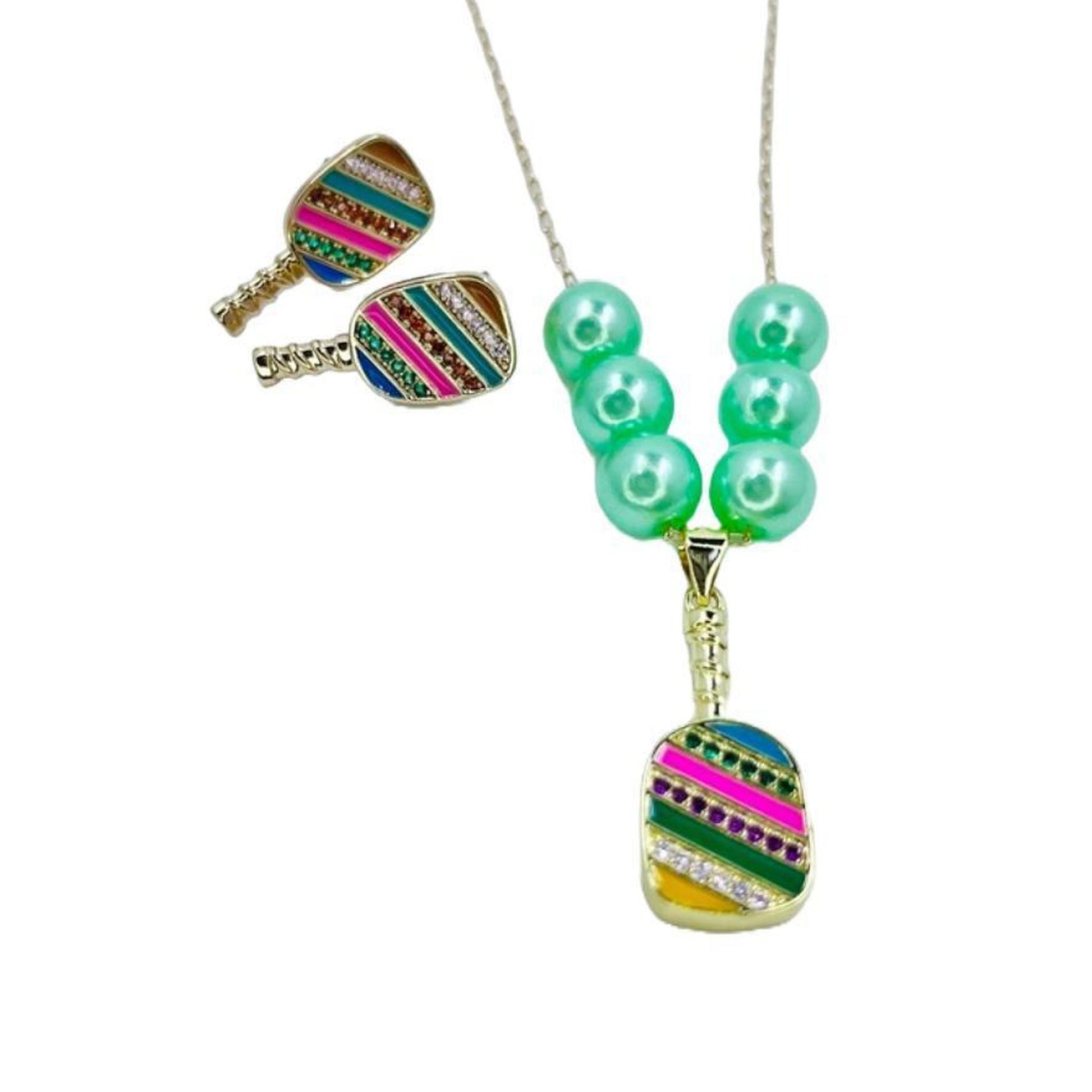 Cubic Zirconia Pickleball Paddle Necklace And Earrings | Pickleball Jewelry | Fun Pickleball Gifts