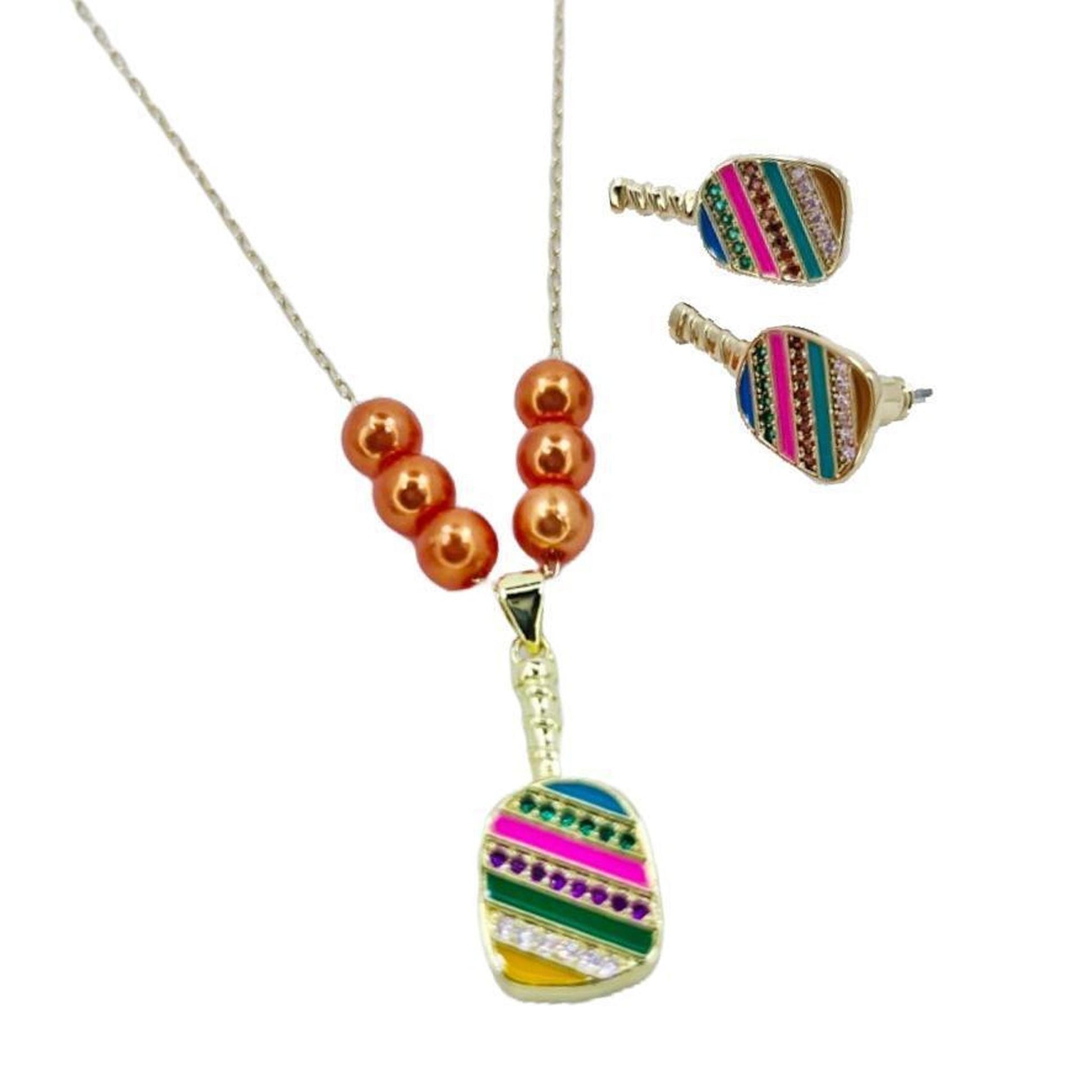 Cubic Zirconia Pickleball Paddle Necklace And Earrings | Pickleball Jewelry | Fun Pickleball Gifts