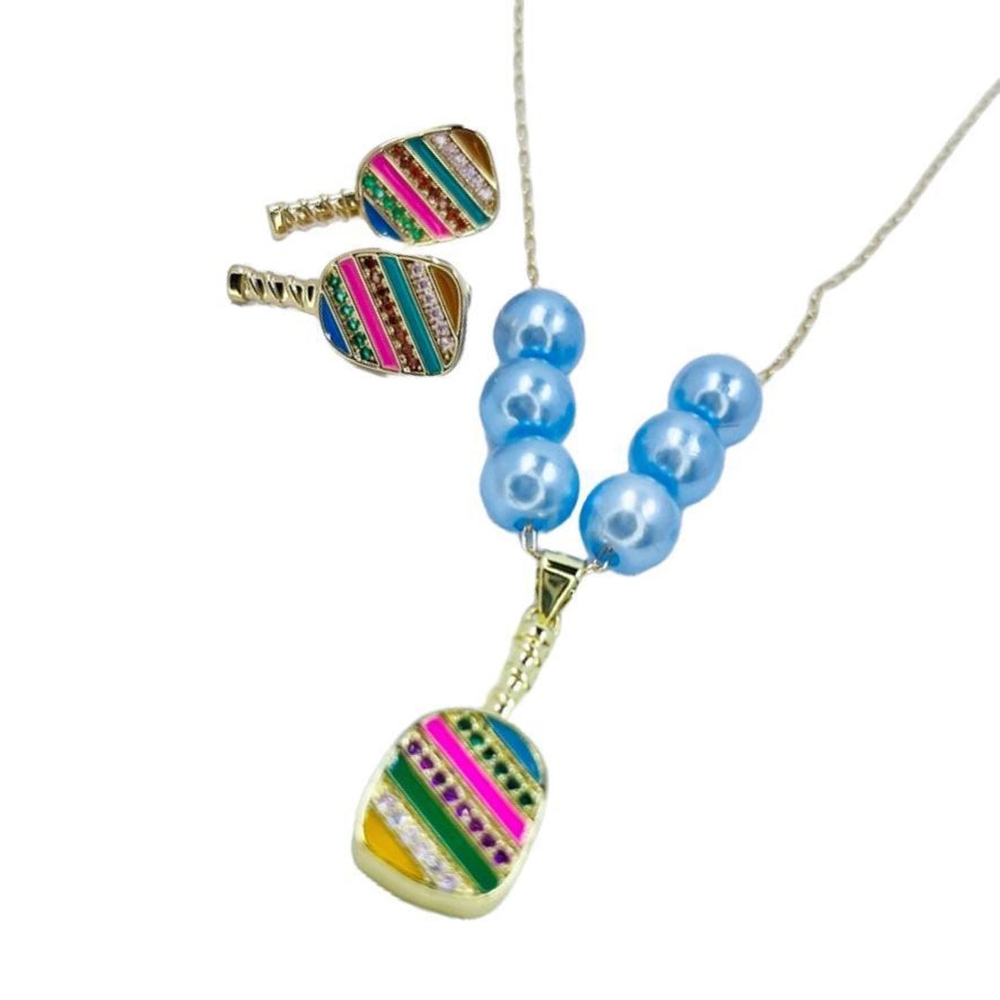 Cubic Zirconia Pickleball Paddle Necklace And Earrings | Pickleball Jewelry | Fun Pickleball Gifts