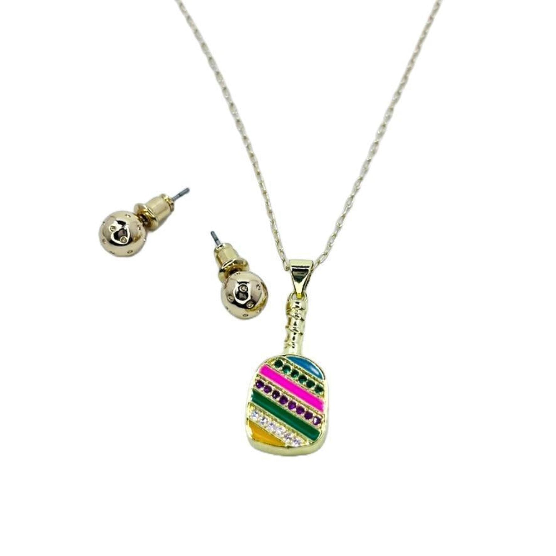 Cubic Zirconia Pickleball Paddle Necklace And Earrings | Pickleball Jewelry | Fun Pickleball Gifts