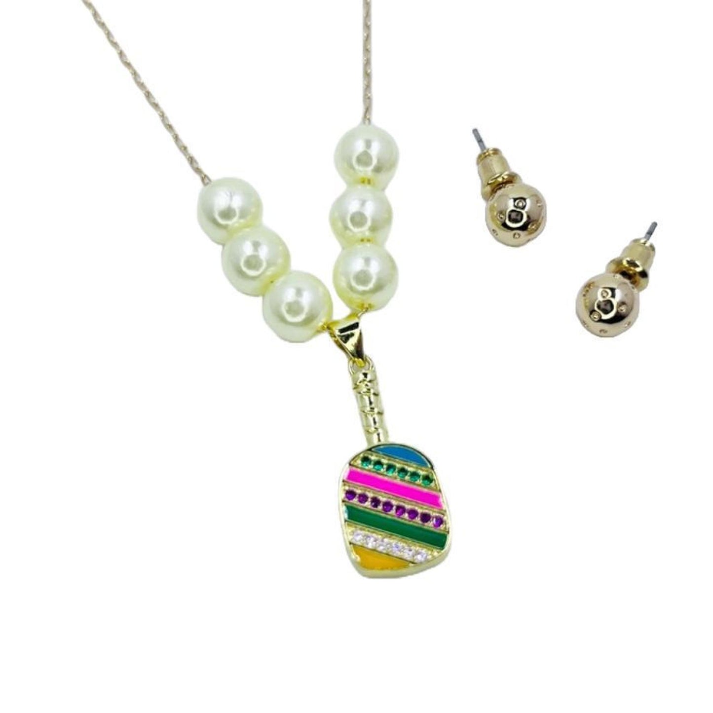 Cubic Zirconia Pickleball Paddle Necklace And Earrings | Pickleball Jewelry | Fun Pickleball Gifts