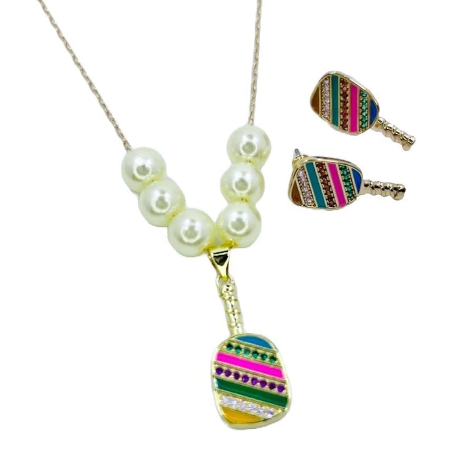 Cubic Zirconia Pickleball Paddle Necklace And Earrings | Pickleball Jewelry | Fun Pickleball Gifts