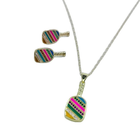 Cubic Zirconia Pickleball Paddle Necklace And Earrings | Pickleball Jewelry | Fun Pickleball Gifts