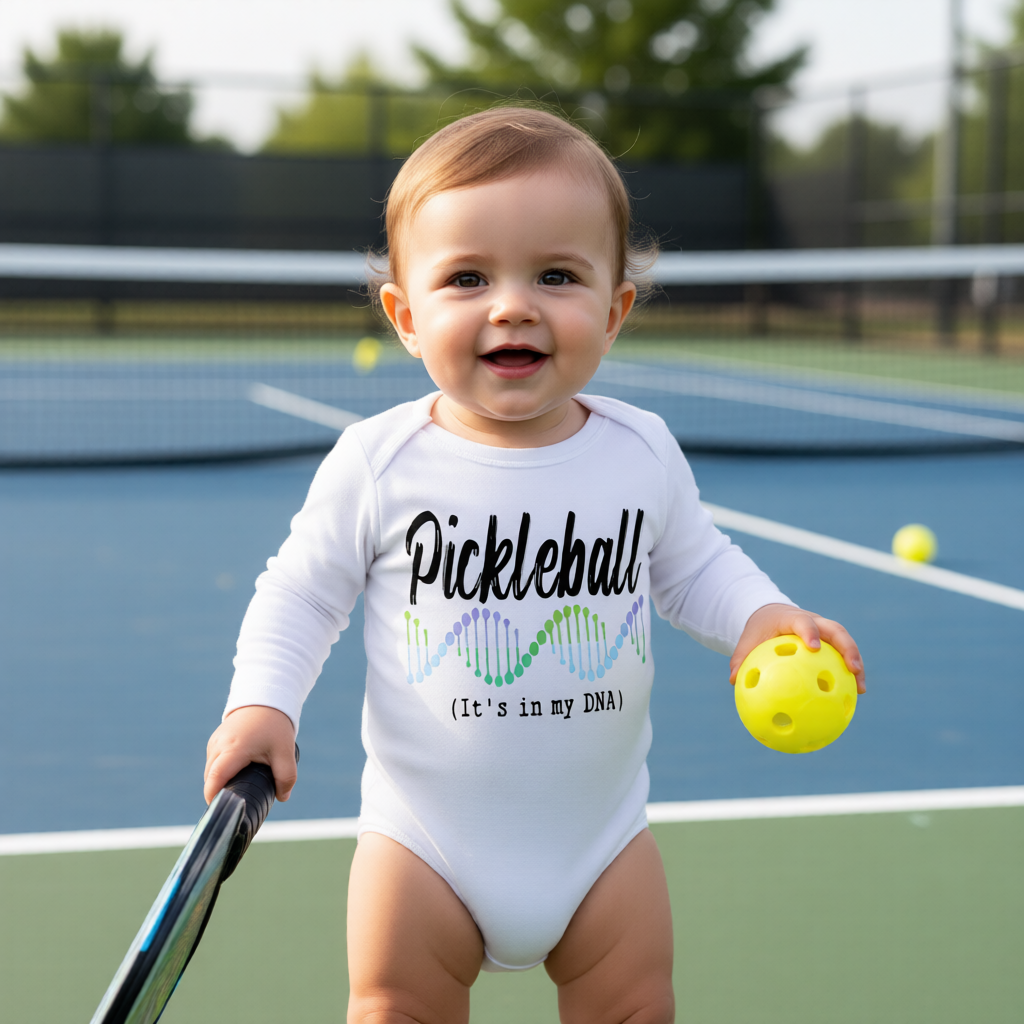 A baby standing on a pickleball court wearing a white long-sleeve bodysuit with a colorful graphic that reads 'Pickleball (It's in my DNA)'. 