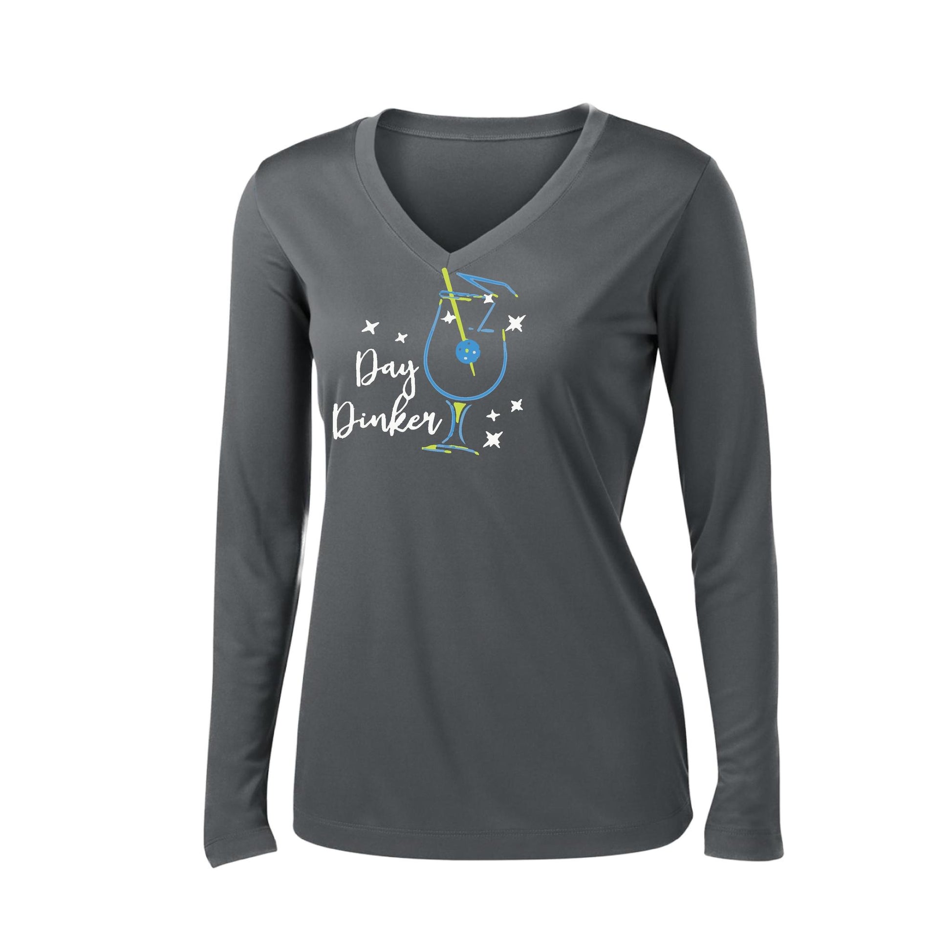 Day Dinker Pickleball Olive | Women’s Long Sleeve V-Neck Performance T-Shirt | 100% Polyester