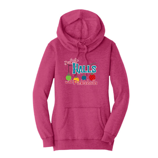 Deck The Halls With Pickleballs | Women’s Cowl-Neck Hoodie Pickleball Sweatshirt | 55% Cotton 45% Poly Fleece