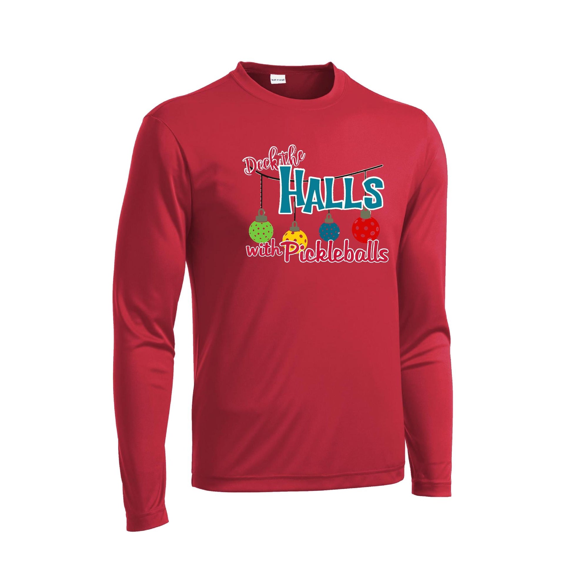 Deck the Halls With Pickleballs | Men's Long Sleeve Athletic Performance T-Shirt | 100% Polyester