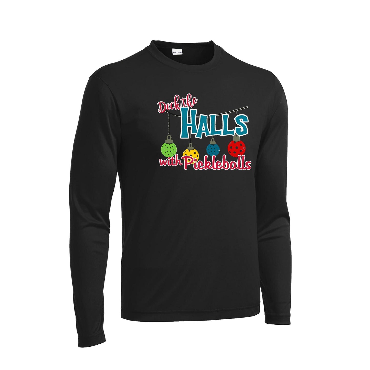Deck the Halls With Pickleballs | Men's Long Sleeve Athletic Performance T-Shirt | 100% Polyester