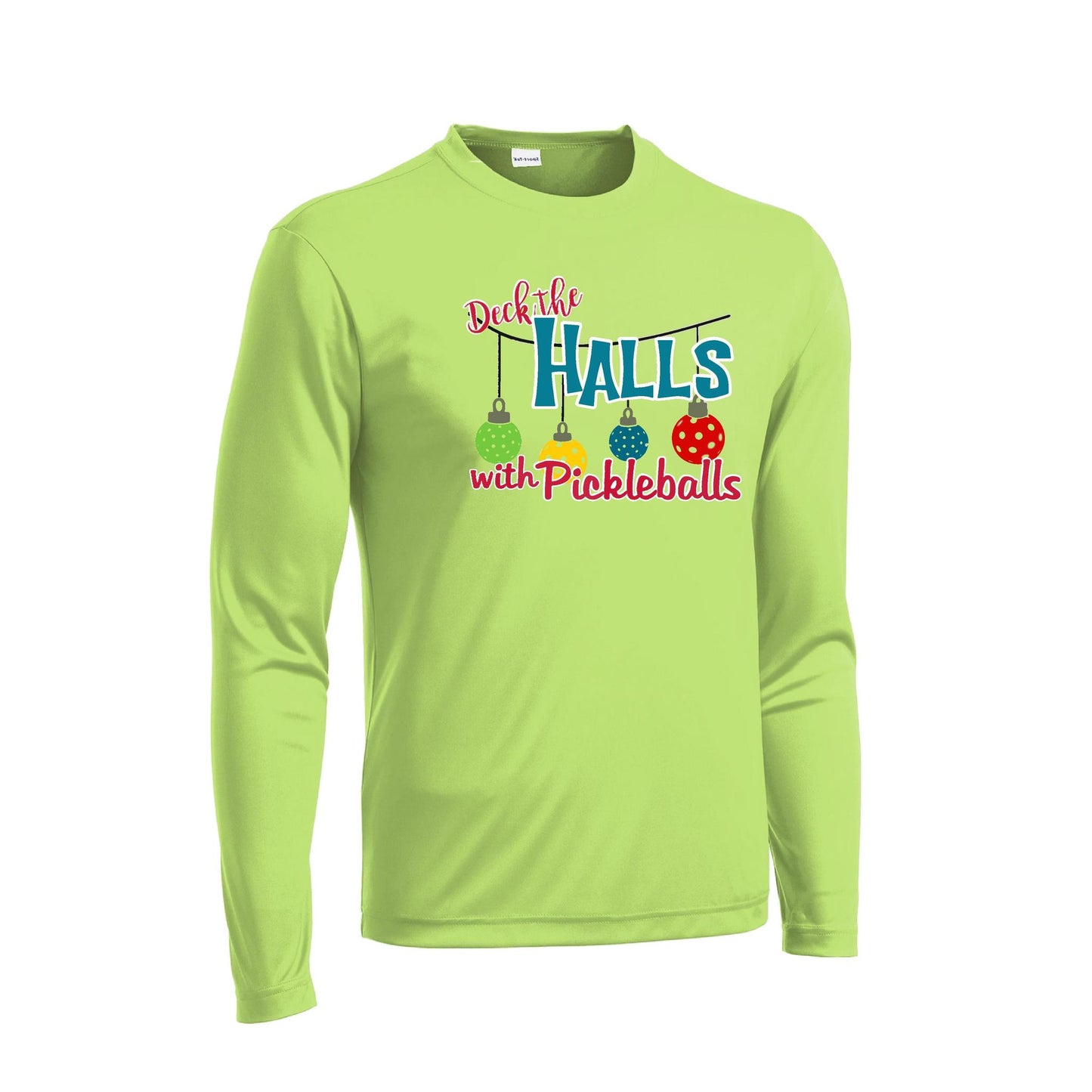 Deck the Halls With Pickleballs | Men's Long Sleeve Athletic Performance T-Shirt | 100% Polyester