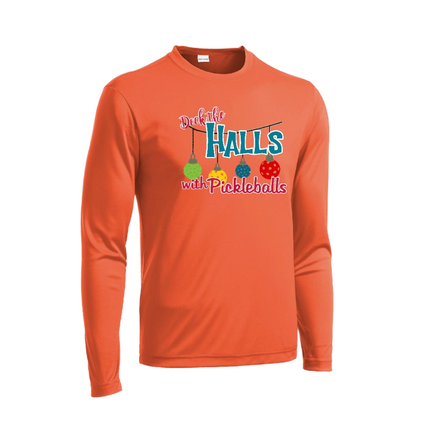 Deck the Halls With Pickleballs | Men's Long Sleeve Athletic Performance T-Shirt | 100% Polyester