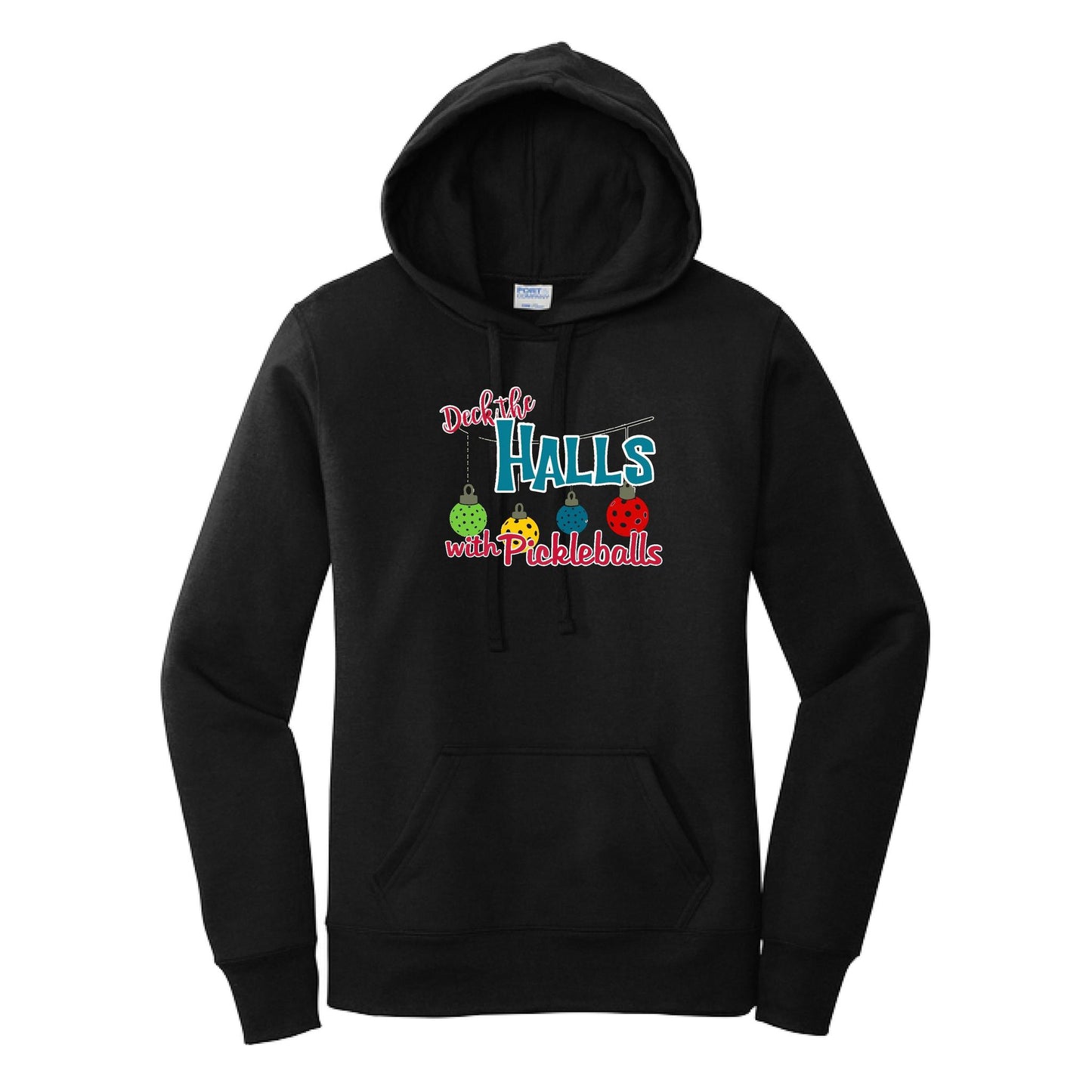 Deck the Halls with Pickleballs | Women’s Fitted Hoodie Pickleball Sweatshirt | 50% Cotton 50% Poly Fleece