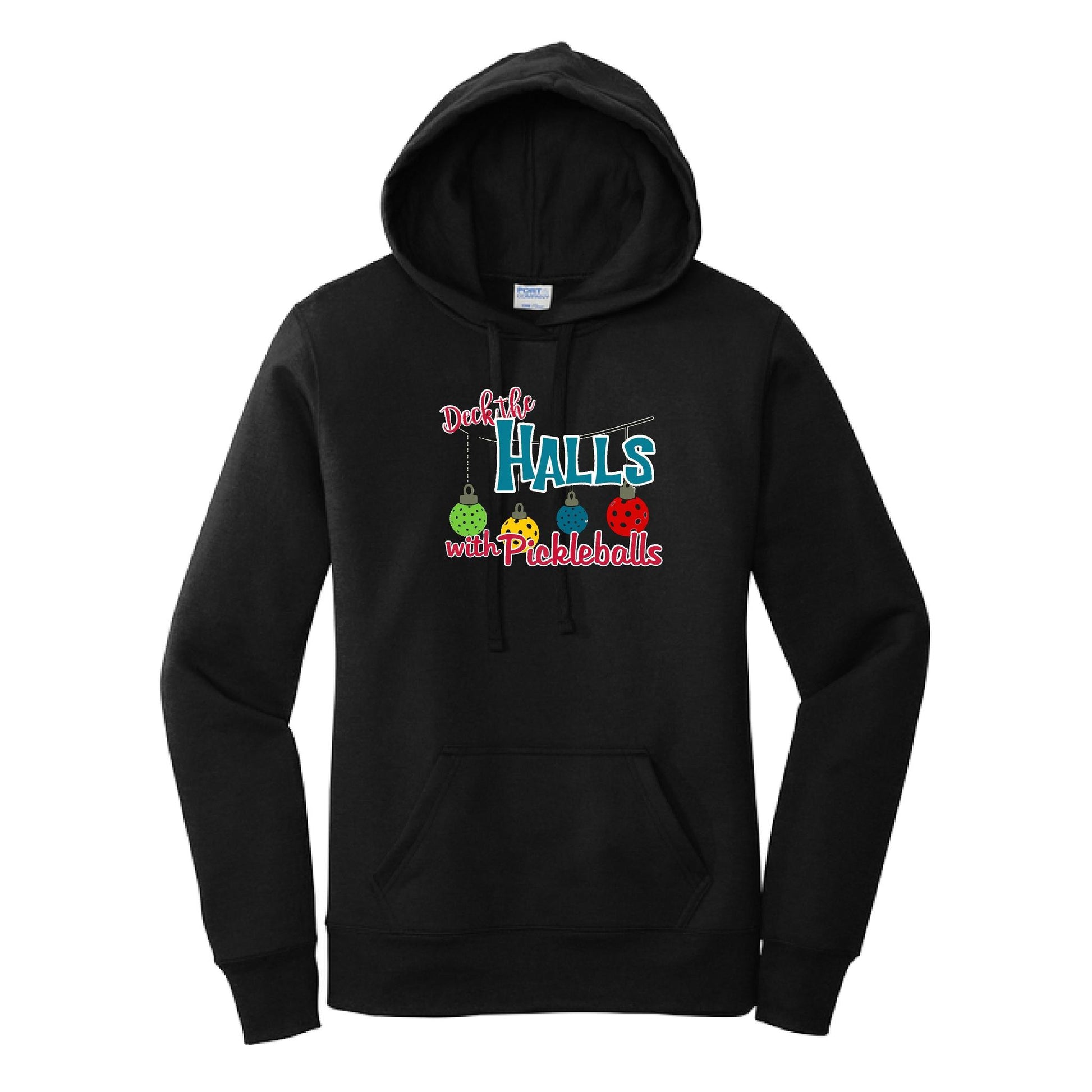 Deck the Halls with Pickleballs | Women’s Fitted Hoodie Pickleball Sweatshirt | 50% Cotton 50% Poly Fleece