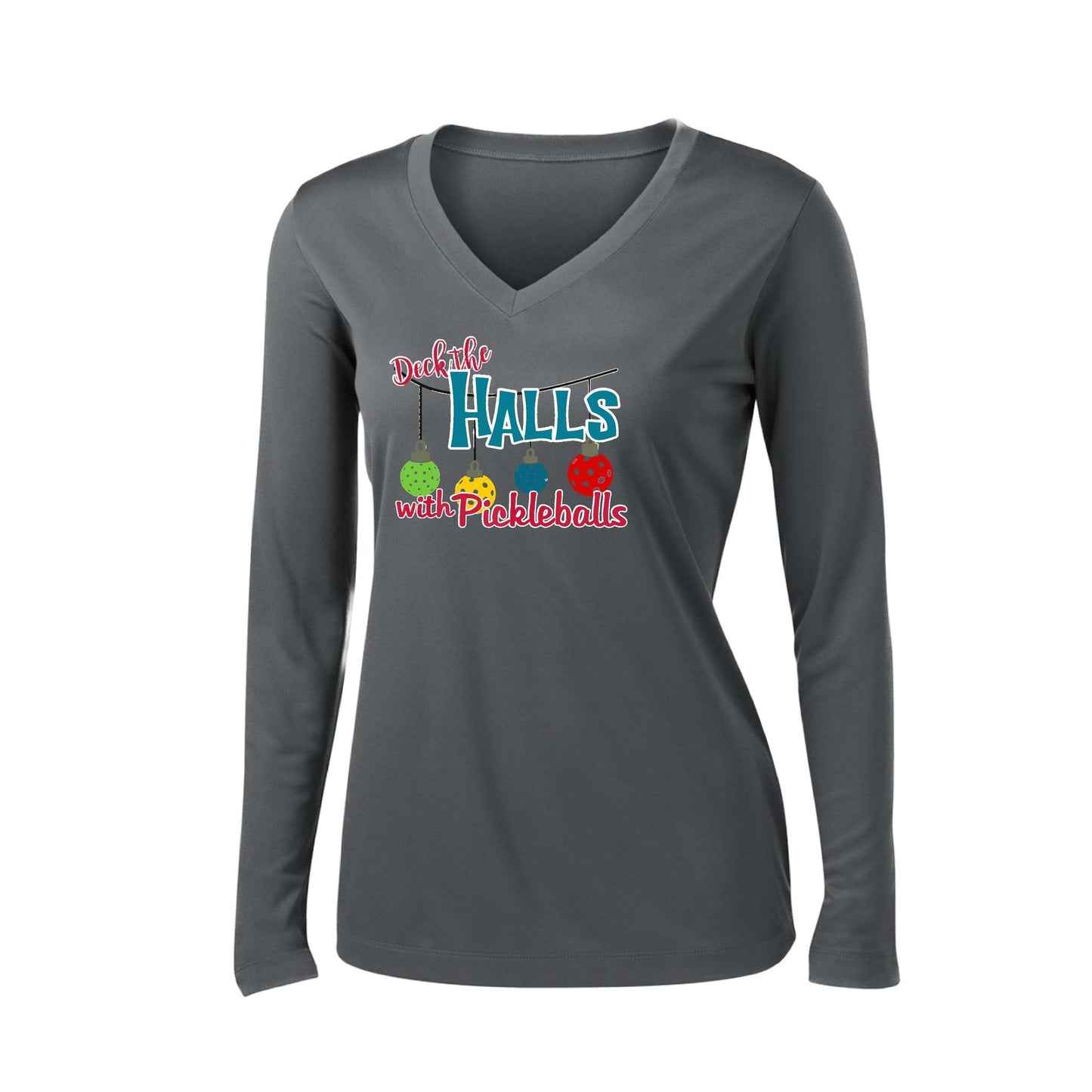 Deck the Halls with Pickleballs | Women’s Long Sleeve V-Neck Performance T-Shirt | 100% Polyester