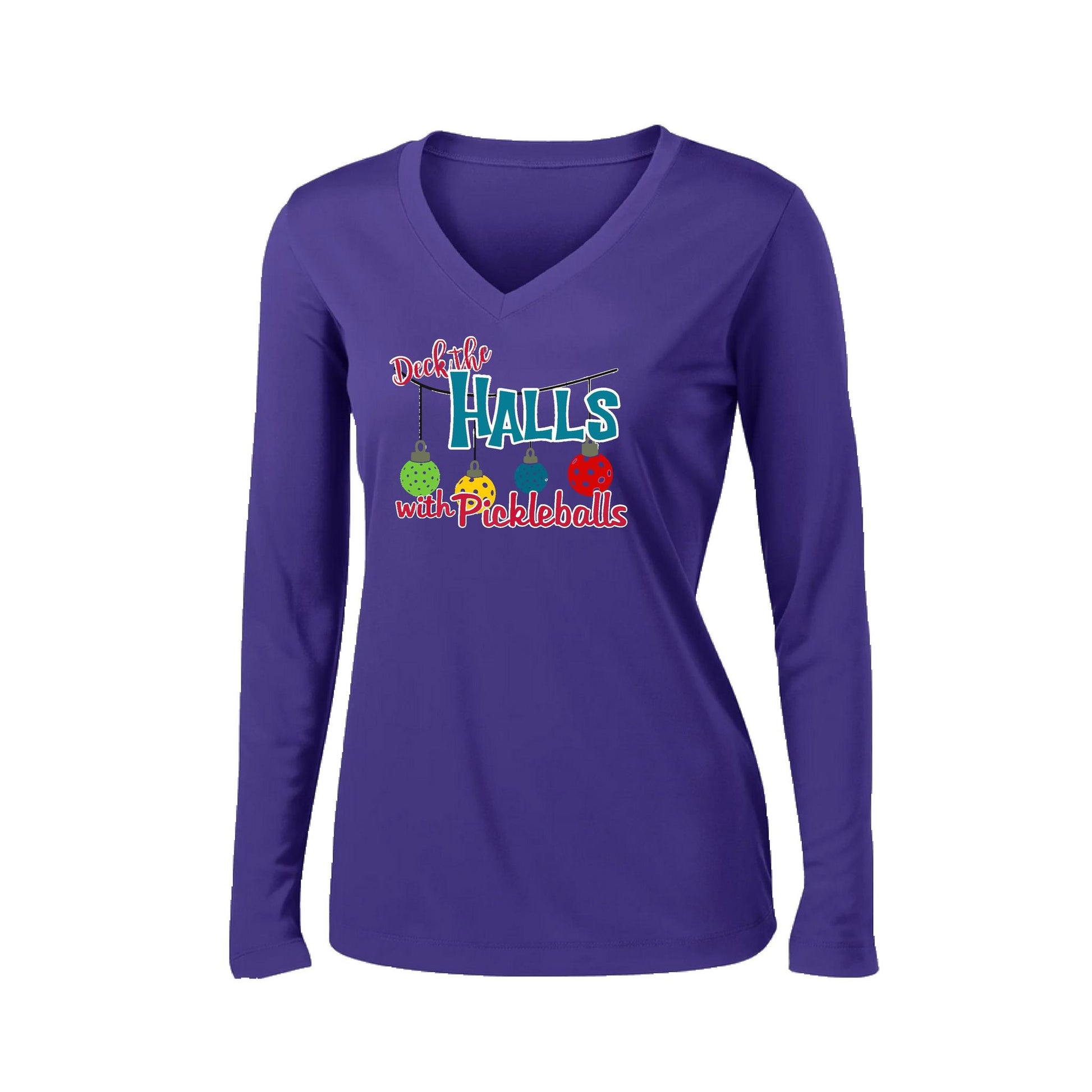 Deck the Halls with Pickleballs | Women’s Long Sleeve V-Neck Performance T-Shirt | 100% Polyester