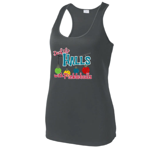 Deck the Halls with Pickleballs | Women's Racerback Pickleball Performance Tank | 100% Polyester