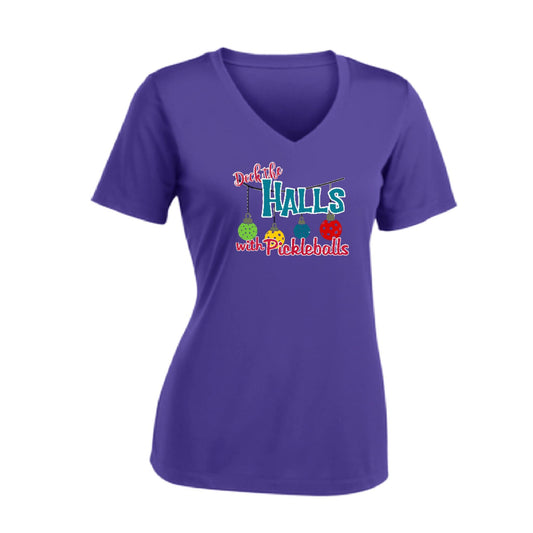 Deck the Halls with Pickleballs | Women's Short Sleeve V-Neck Pickleball Performance T-Shirts | 100% Polyester