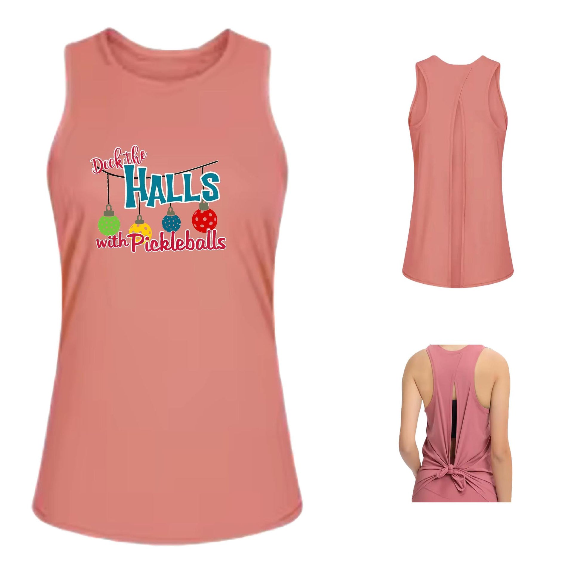 Deck the Halls with Pickleballs | Women's Split Back or Tied Back Pickleball Performance Tank | 80/20 Nylon Spandex Mix