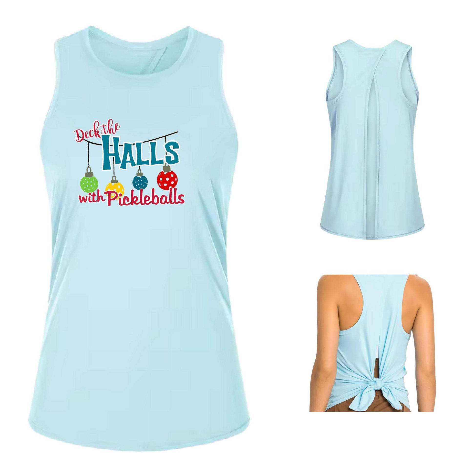 Deck the Halls with Pickleballs | Women's Split Back or Tied Back Pickleball Performance Tank | 80/20 Nylon Spandex Mix