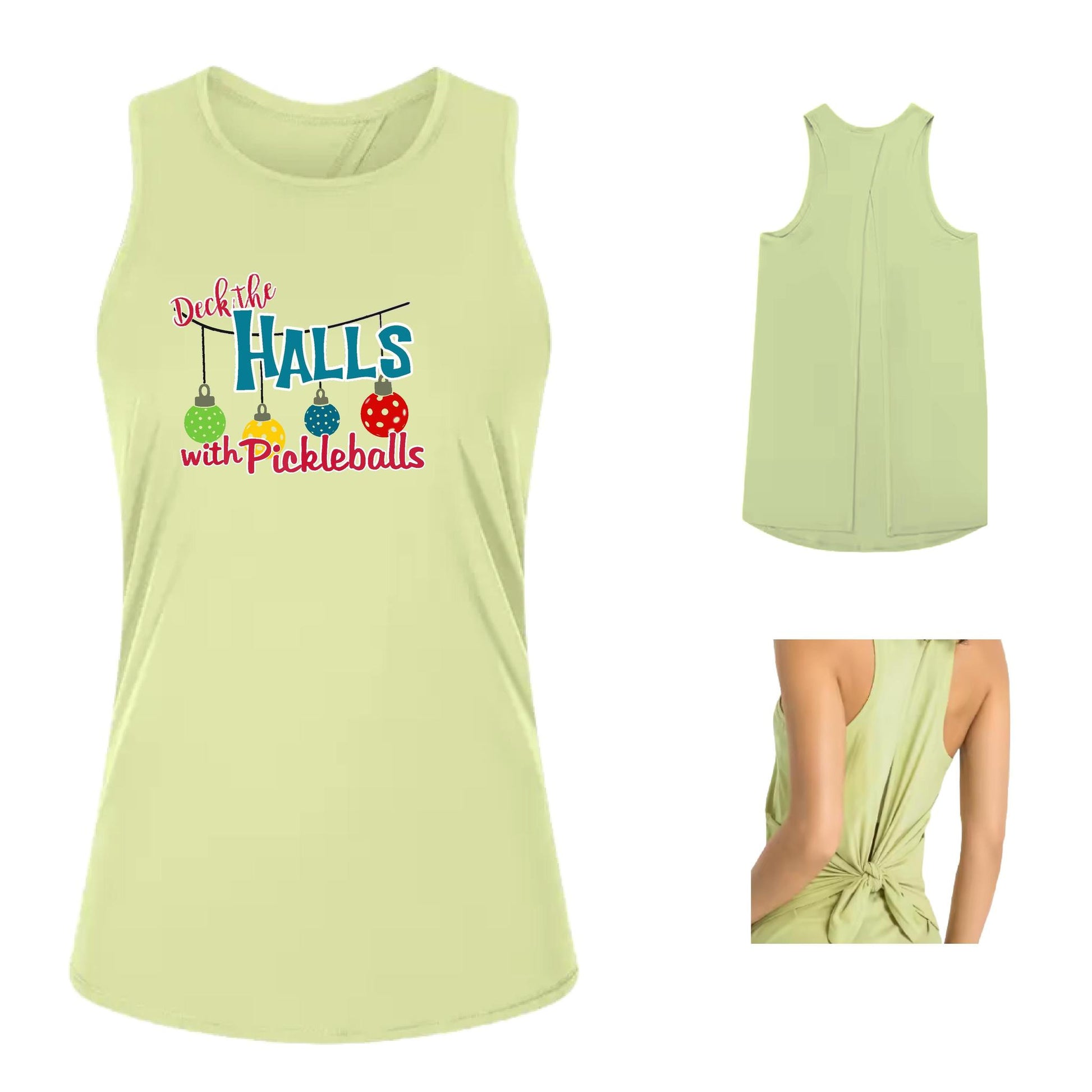 Deck the Halls with Pickleballs | Women's Split Back or Tied Back Pickleball Performance Tank | 80/20 Nylon Spandex Mix